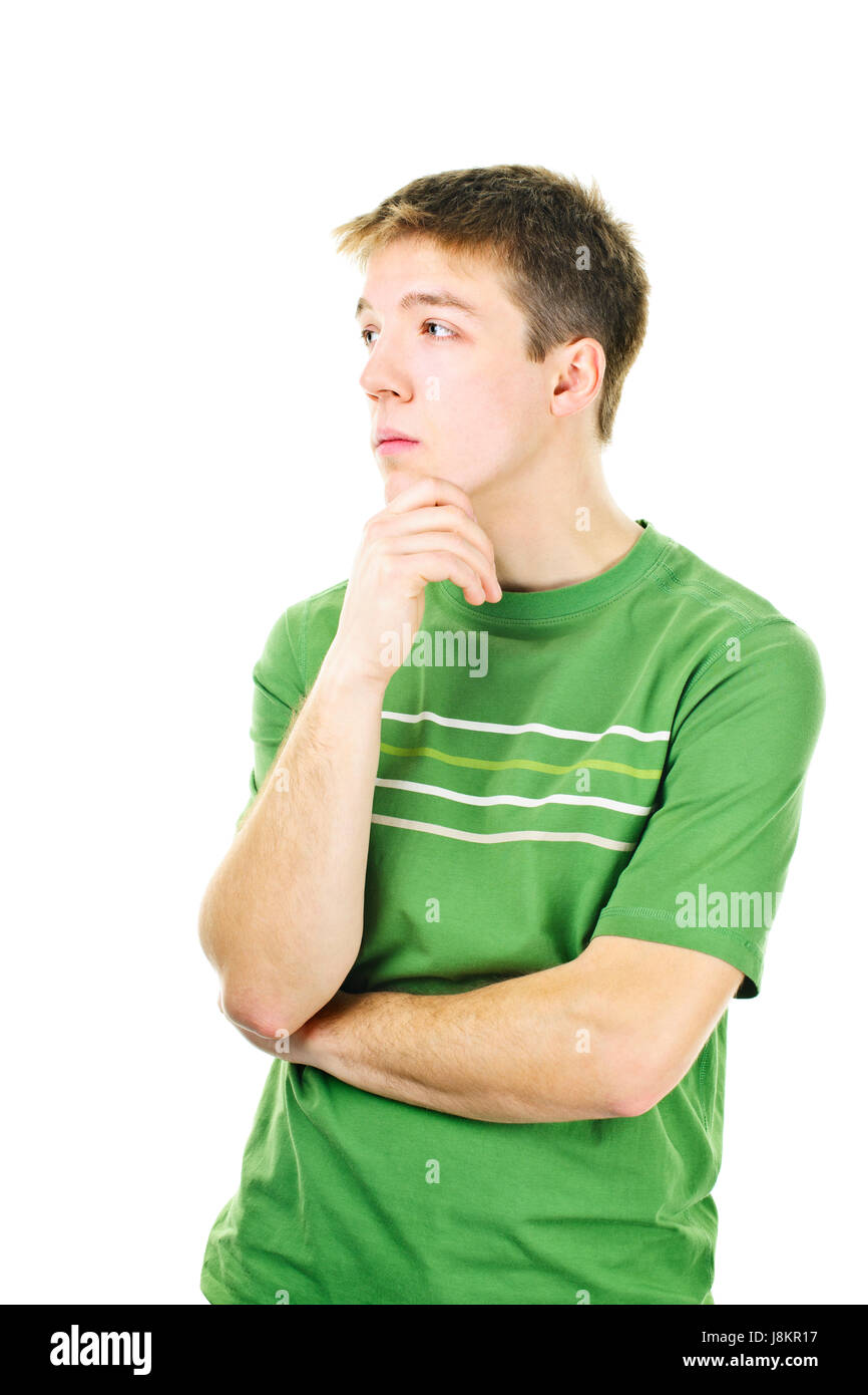 isolated, male, masculine, standing, thoughtful, thinking, young, younger, man, Stock Photo