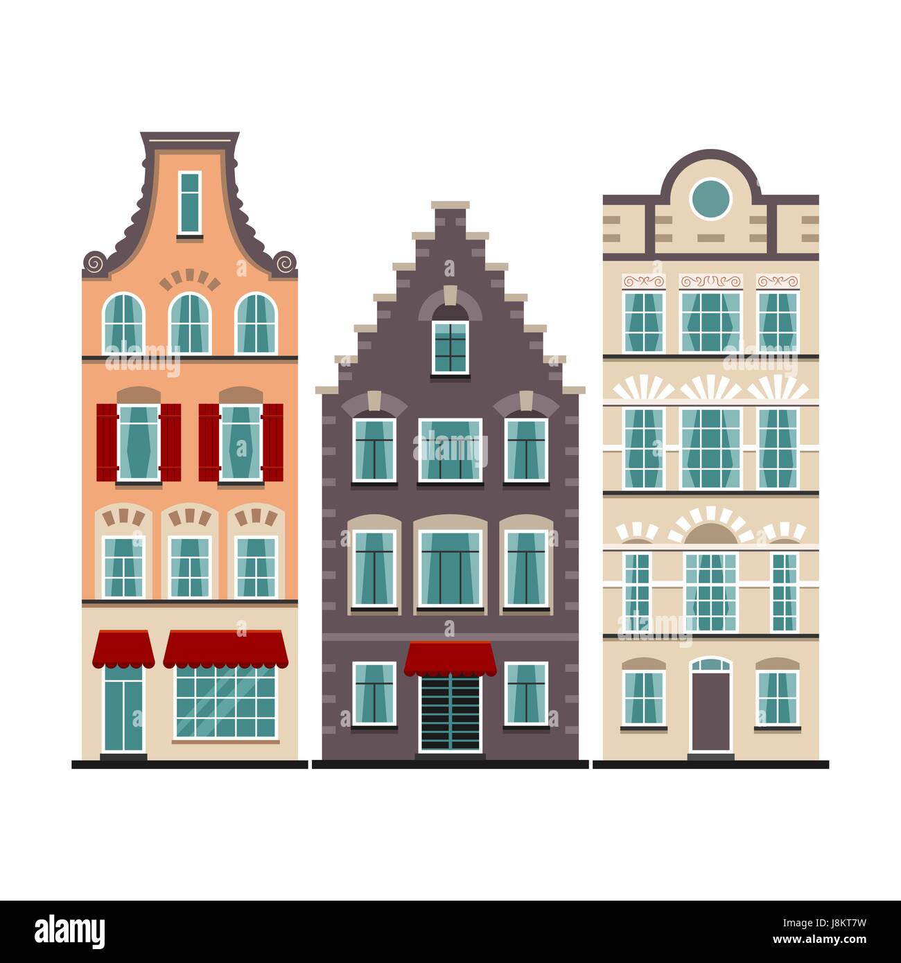 Set of 3 Amsterdam old houses cartoon facades Stock Vector