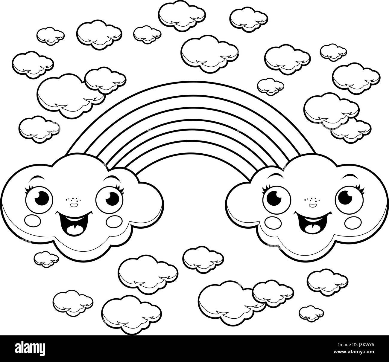 Rainbow cloud characters coloring page Stock Vector