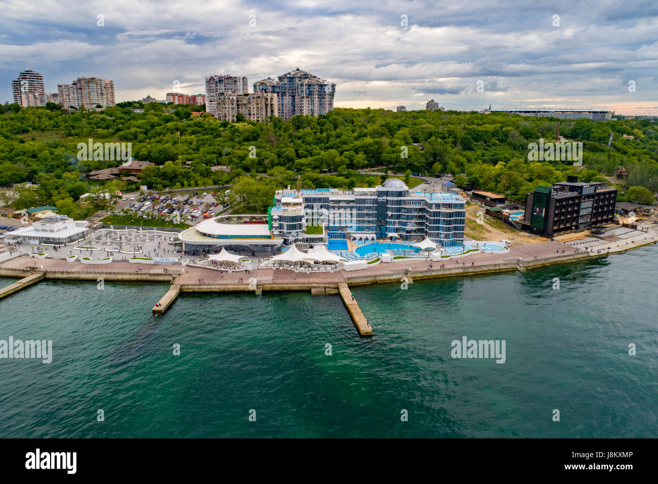 Aerial drone image of Langeron Beach and Shevchenka Park in Odessa Ukraine Stock Photo