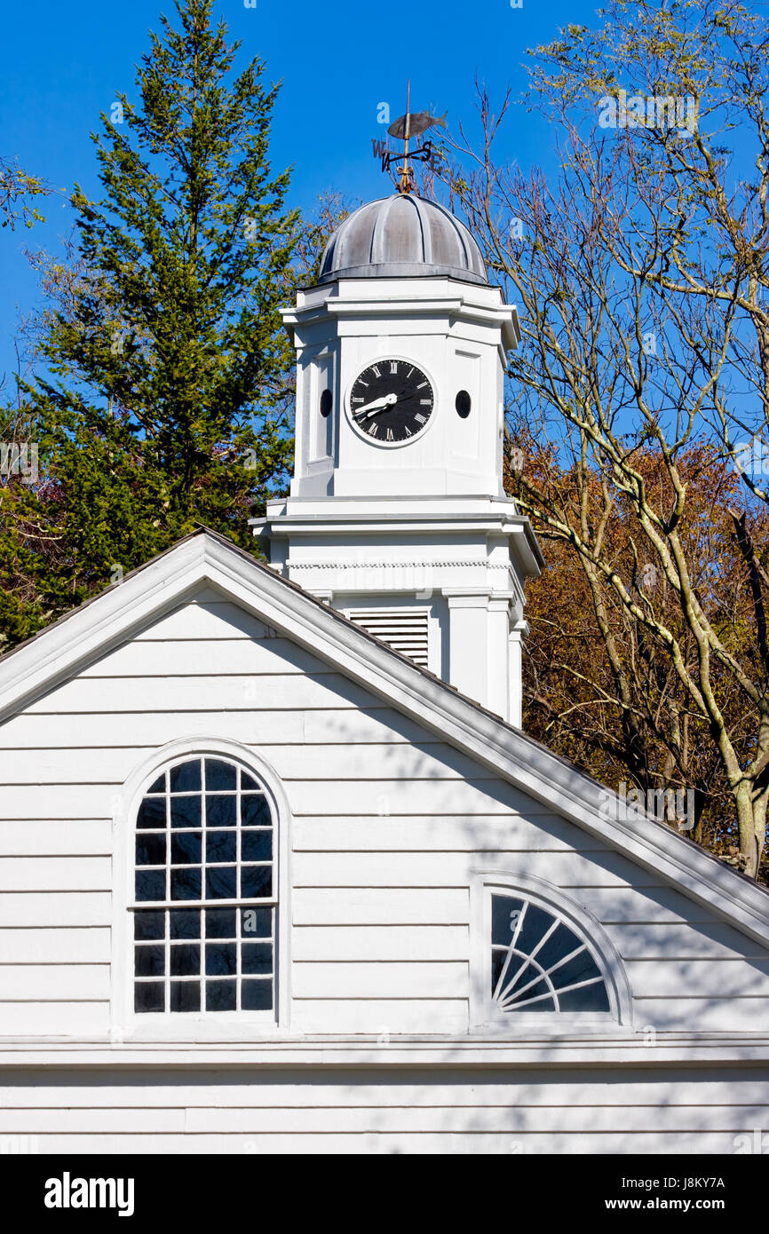 religious, church, chapel, clock, steeple, colonial, old, building, blue, Stock Photo
