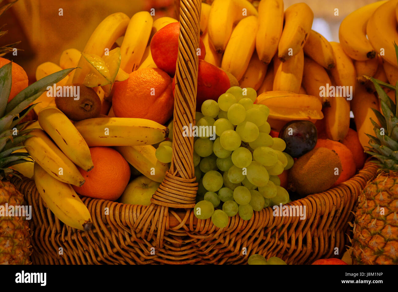 basket, fruit, banana, pineapple, bananas, grapes, bunches of grapes, food, Stock Photo