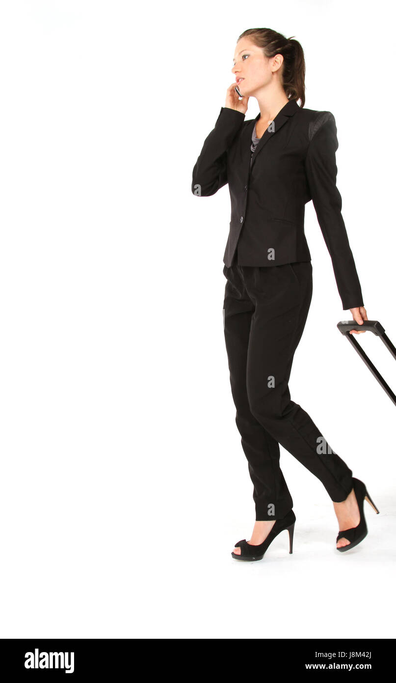 woman, telephone, phone, suitcases 