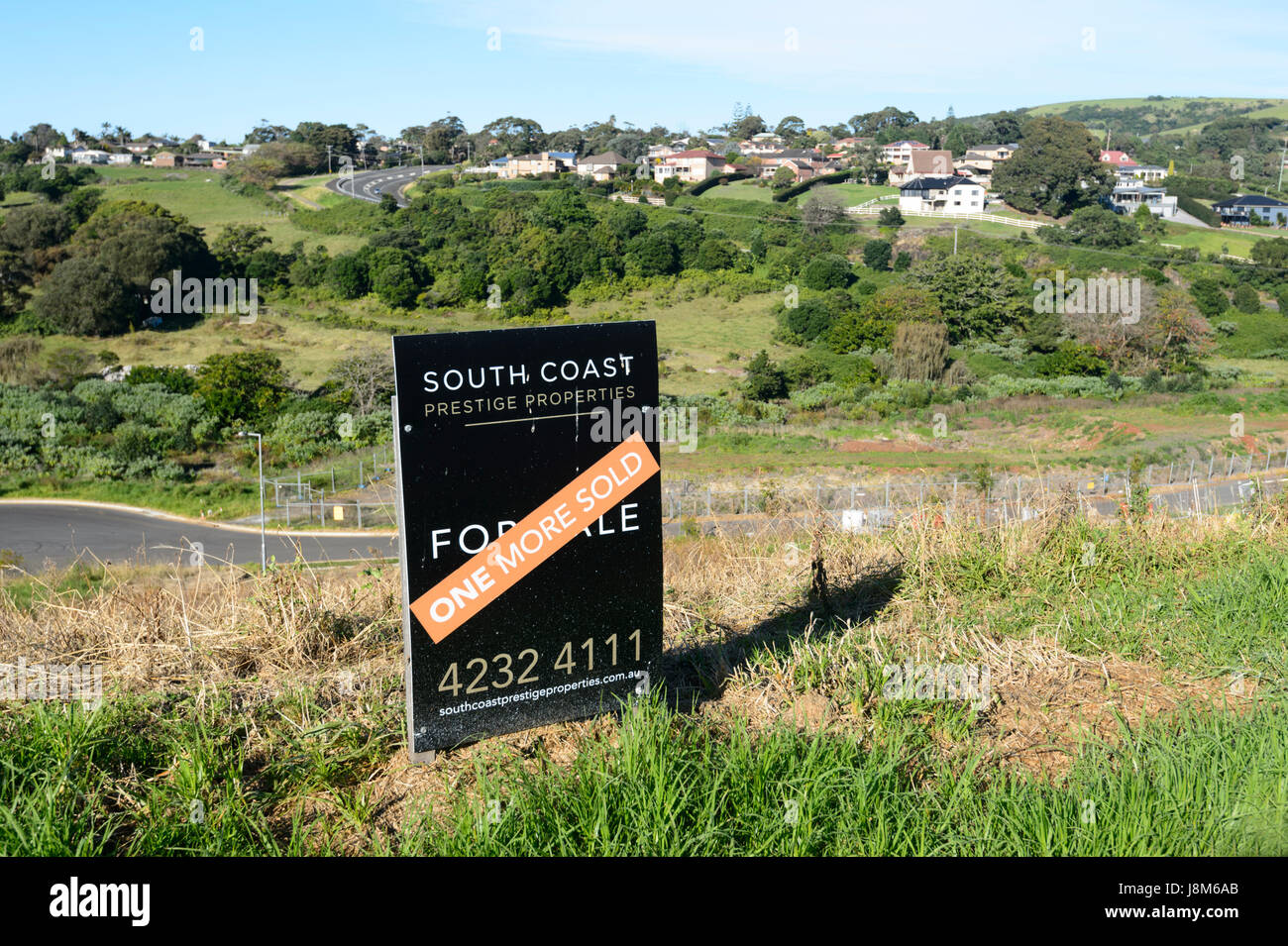 Sign for plots of land for Sale South of Kiama, Illawarra Coast, New South Wales, NSW, Australia Stock Photo