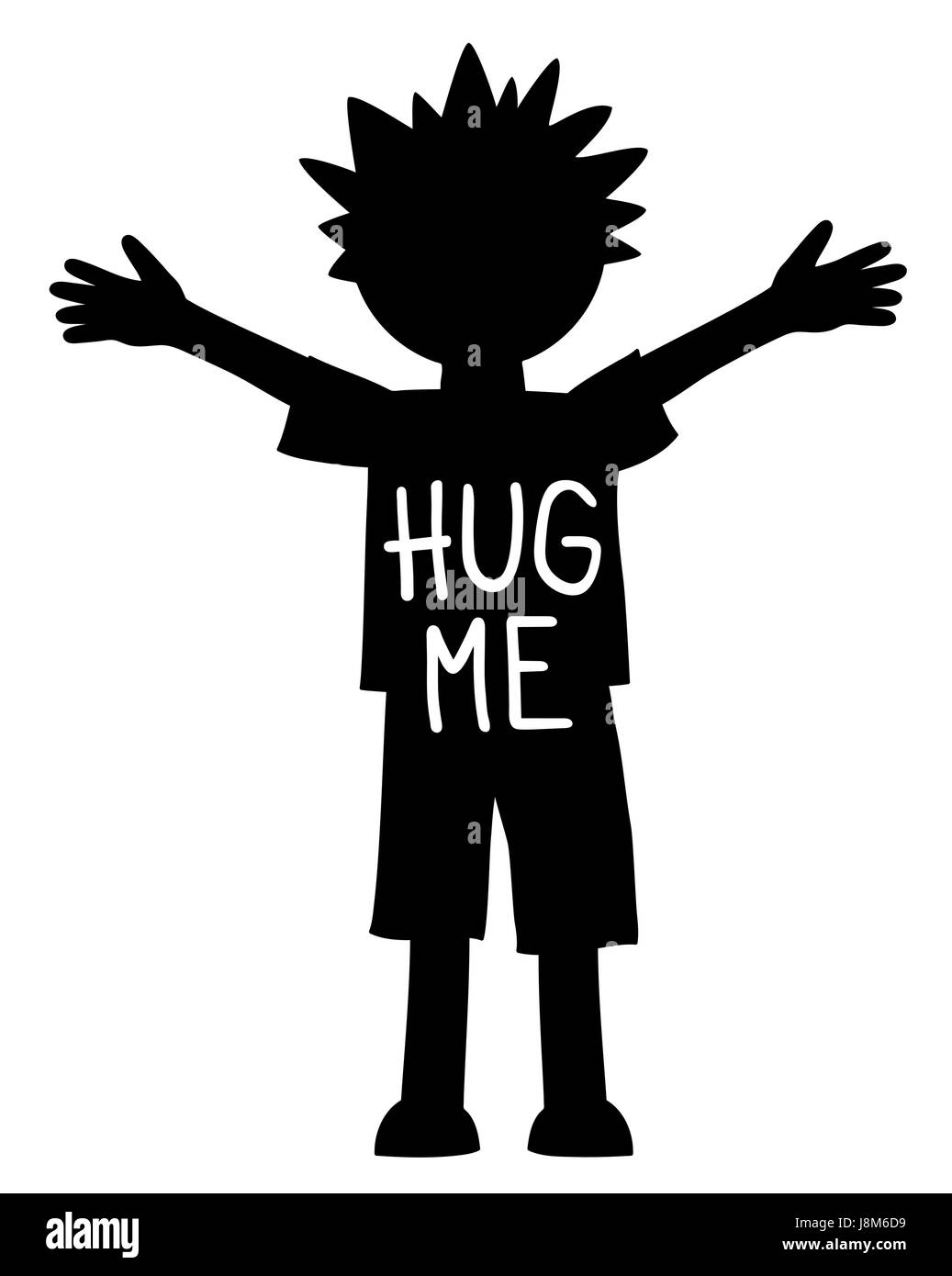 Hug me written on the young boy with open arms and hands, black and white vector Stock Vector