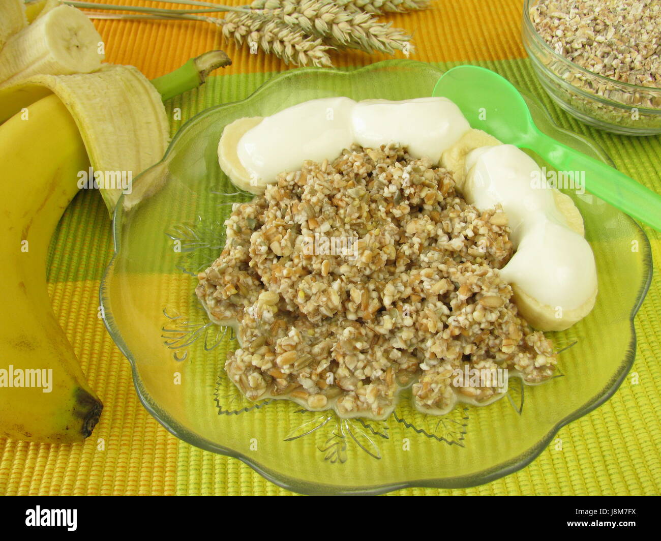 banana, bruised grain, grain, cereal, yogurt, health, uncooked vegetarian food, Stock Photo