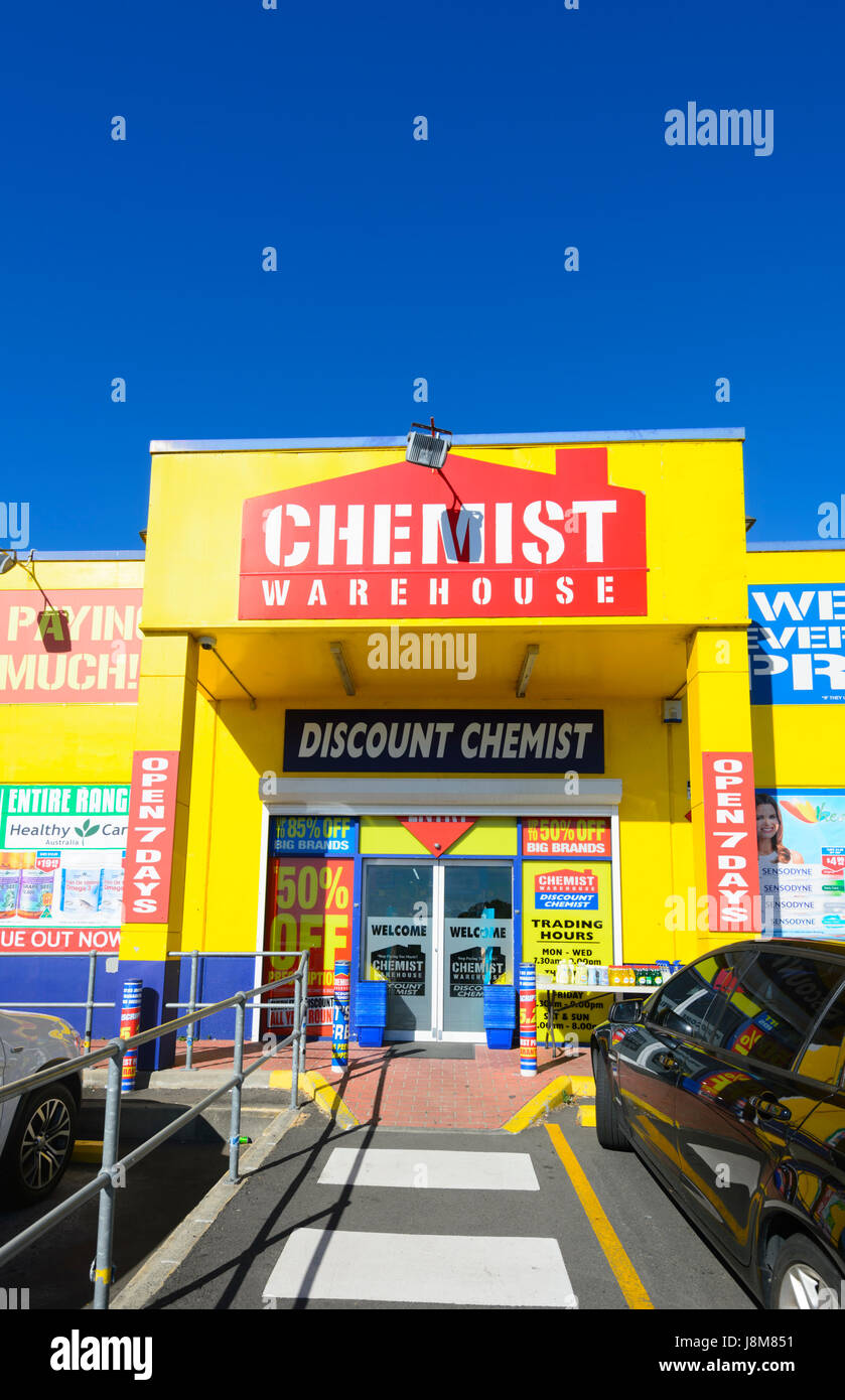 Storefront of Chemist Warehouse, a discount chemist store, Shellharbour, New South Wales, NSW, Australia Stock Photo