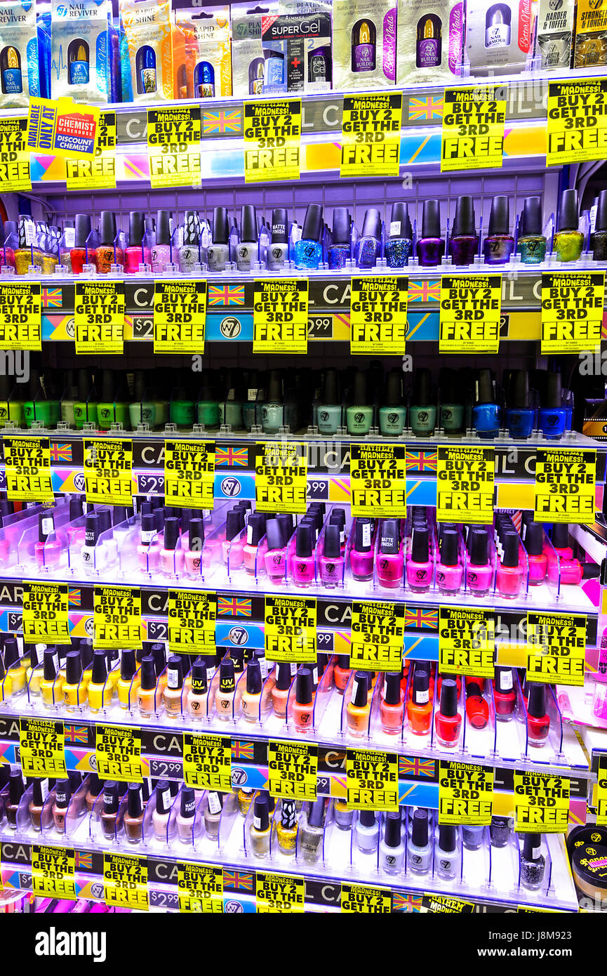 Bottles of nail varnish sold at discounted prices, Buy Two get the Third one Free, Chemist Warehouse, a discount chemist store, Shellharbour, New Sout Stock Photo