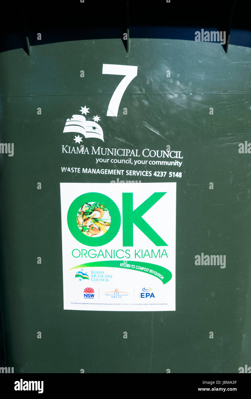 Recycling sign on a bin for compost from organic items, Kiama, New South Wales, NSW, Australia Stock Photo