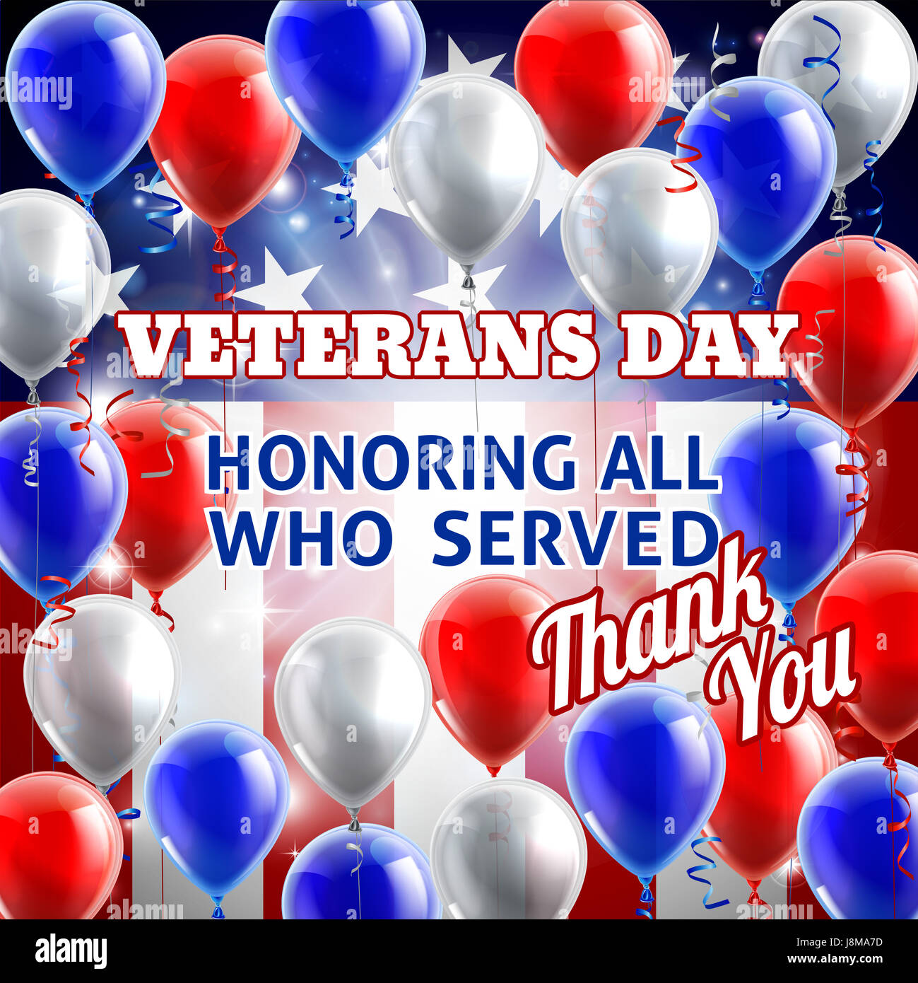 A Veterans Day American flag background with red,white and blue balloons Stock Photo
