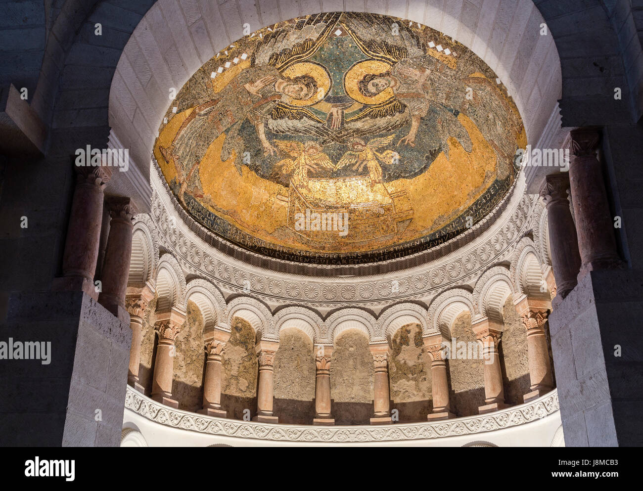 France, Loiret, Germigny des Pres, Carolingian oratory of Germigny des Pres or church of the Most Holy Trinity, Byzantine mosaics in the apse Stock Photo