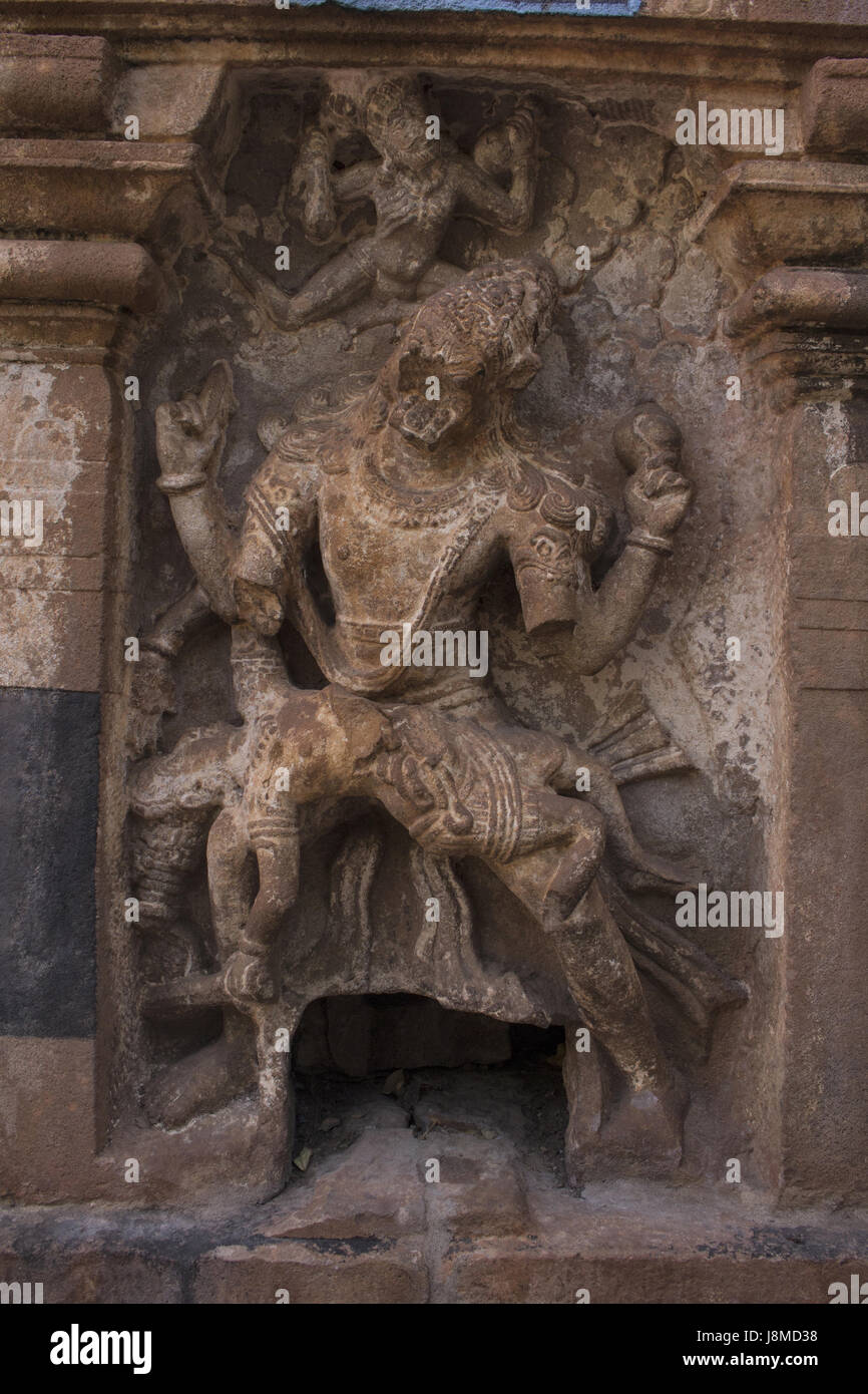 Narsimha sculpture. Mahakuta Temples, Badami, Karnataka. 6th or 7th century CE constructed by the early kings of the Chalukya dynasty Stock Photo