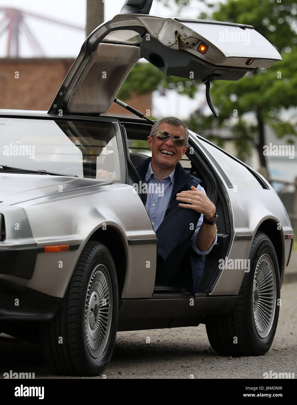 Scottish Liberal Democrat leader Willie Rennie sits in a 'Back to the Future' DeLorean during a General Election campaign visit to South Queensferry. Stock Photo