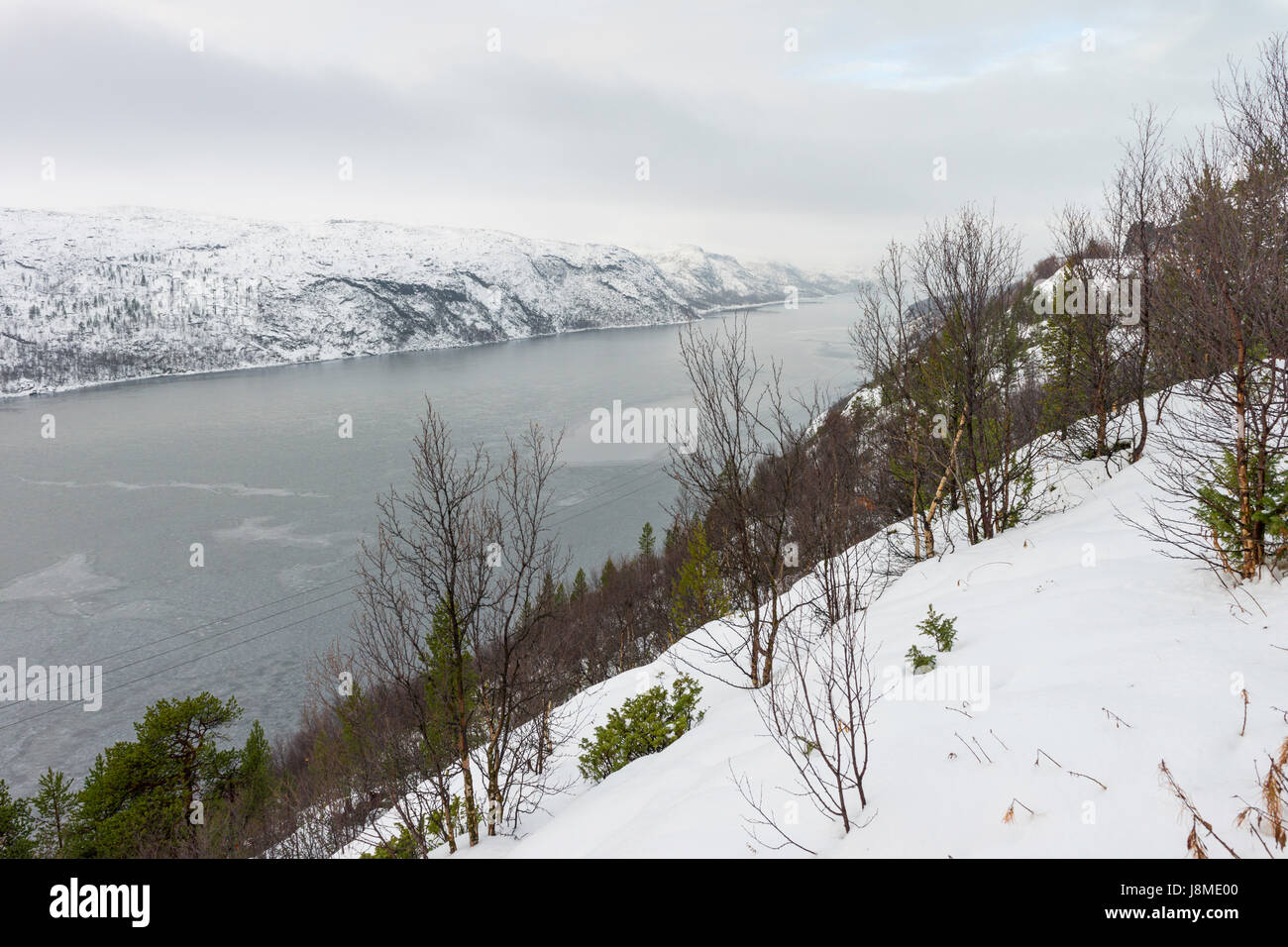 View of the narrow fjord, Langfjorden, south of Kirkenes, seen from a viewpoint beside Rigsvej 885. Stock Photo
