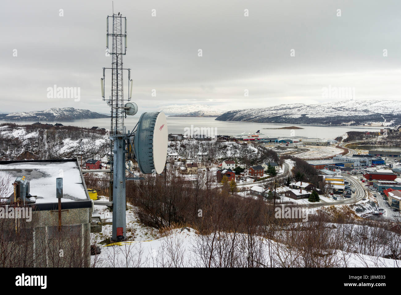 View over the town and port of Kirkenes in the municipality of Sør-Varanger, Finnmark County, Norway Stock Photo