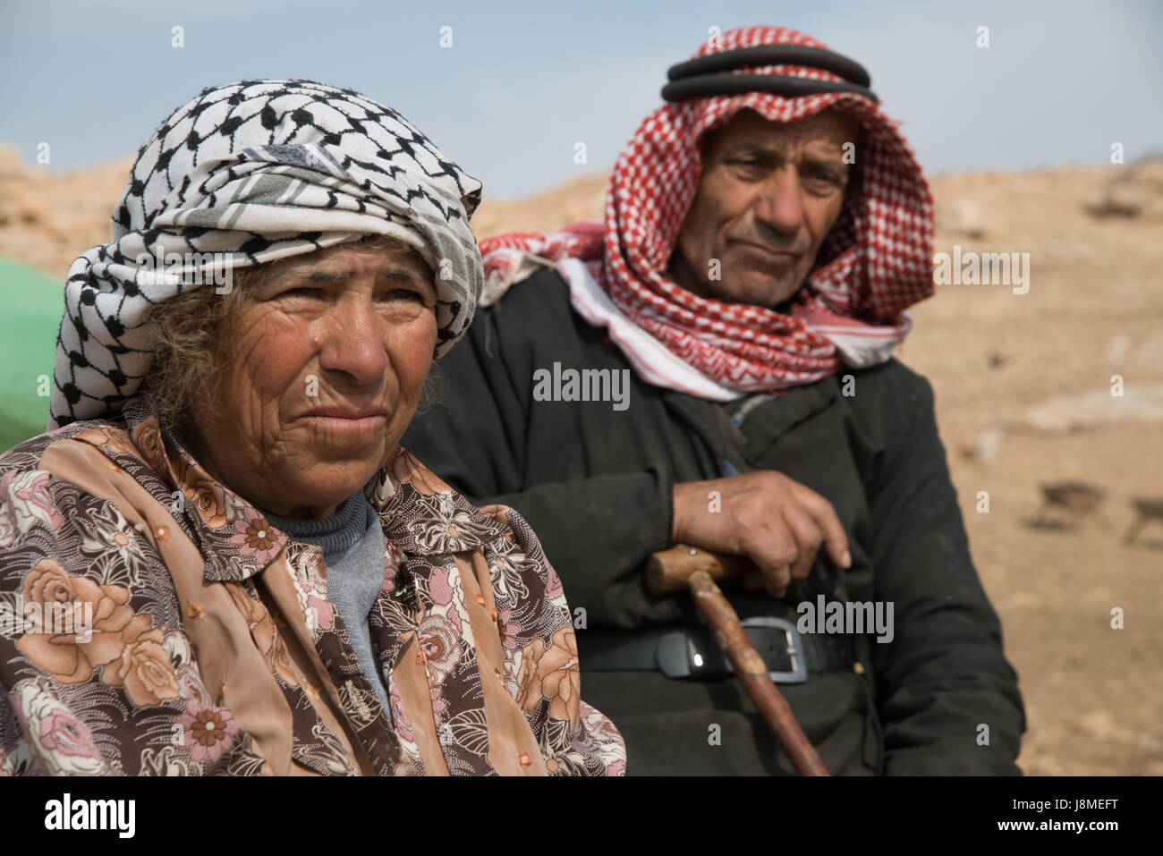 Elderly residents remain in the Jordan Valley village of Kirbet Makhoul, West Bank, January 22, 2014. Khirbet Makhoul was demolished twice by the Israeli army in autumn of 2013. The army has also prevented humanitarian aid organizations from delivering tents and other forms of assistance to residents. Stock Photo