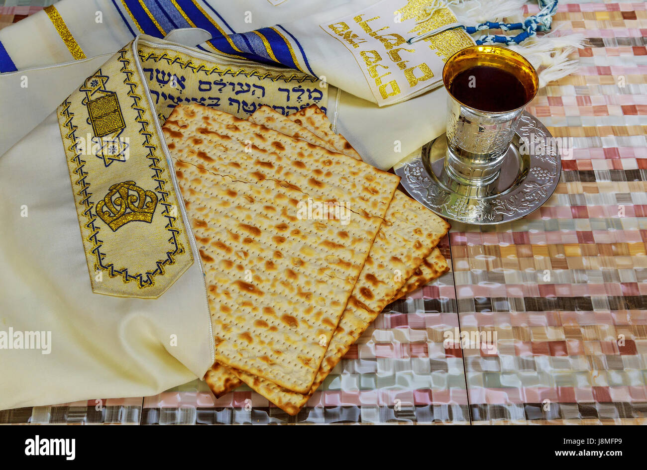 Pesach matzo passover with wine and matzoh jewish passover bread Stock