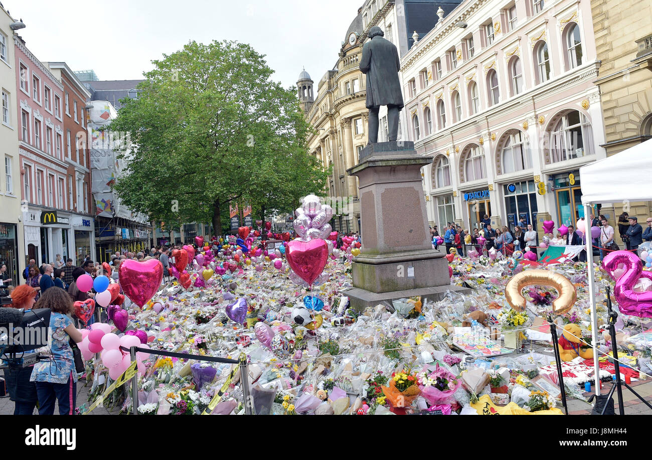 tributes left in Manchester’s St Ann’s Square for the victims of the terrorist bombing. Stock Photo