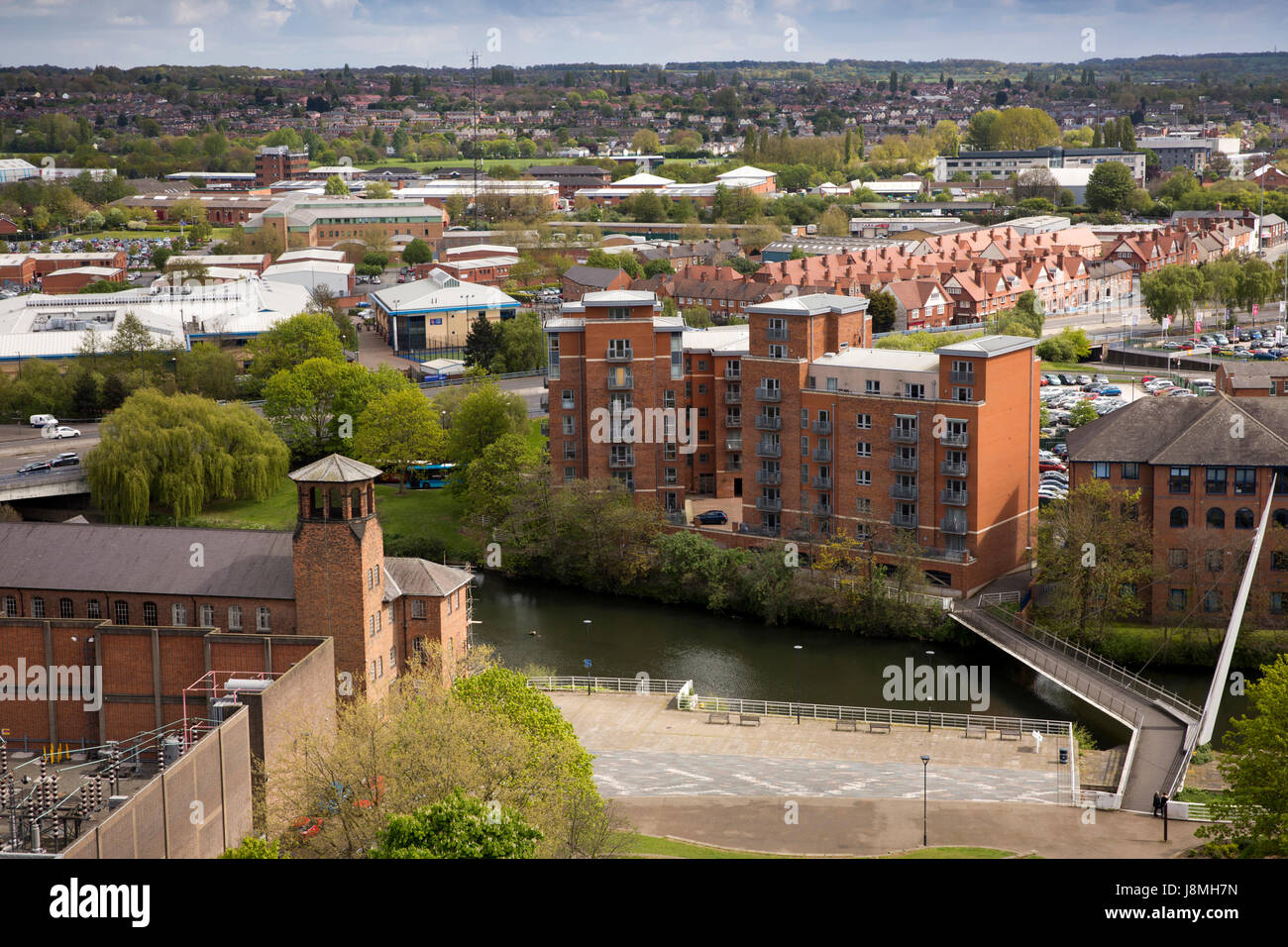 UK, England, Derbyshire, Derby, Old Silk Mill and Stuart Street apartments and footbridge across River Derwent, elevated view from Cathedral Tower Stock Photo