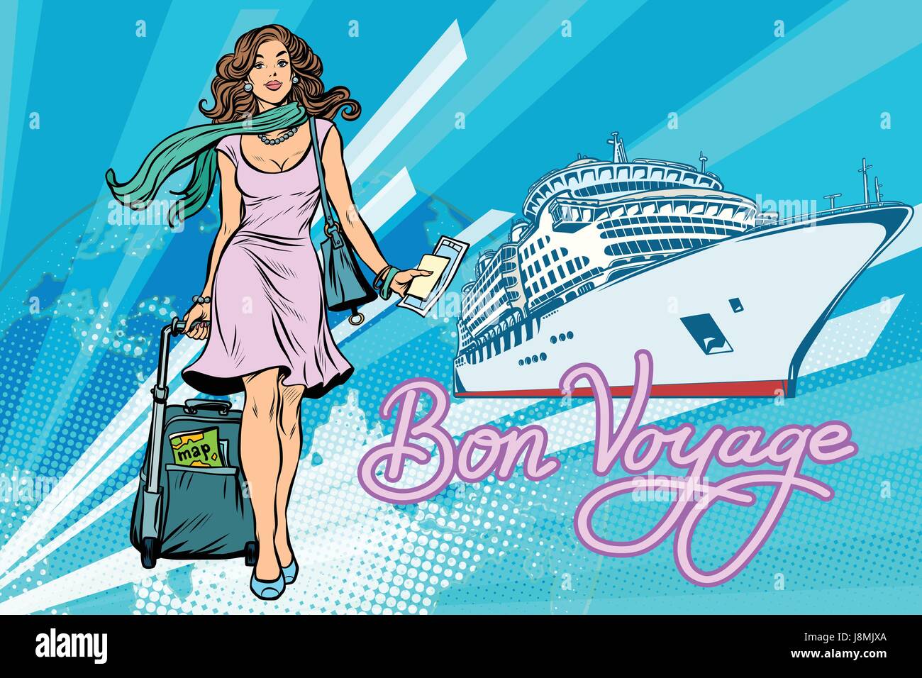 Beautiful woman passenger Bon voyage cruise ship Stock Vector