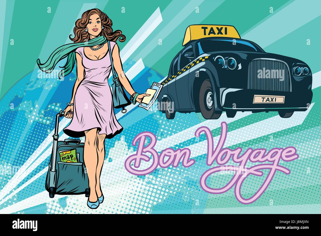 Beautiful young woman tourist passenger taxi Stock Vector