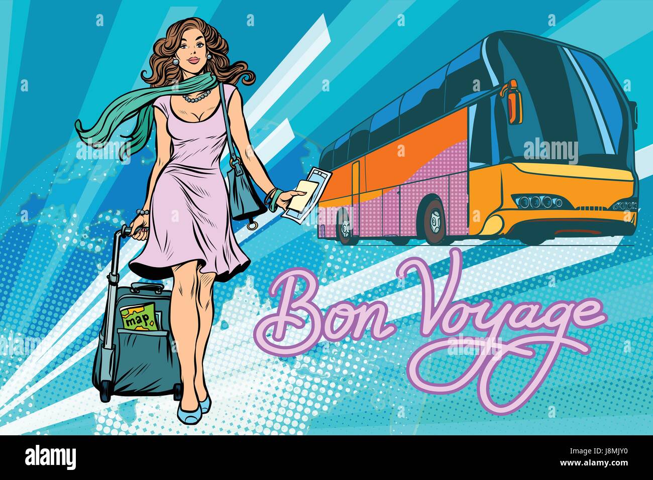 Beautiful young woman tourist passenger tour bus Stock Vector