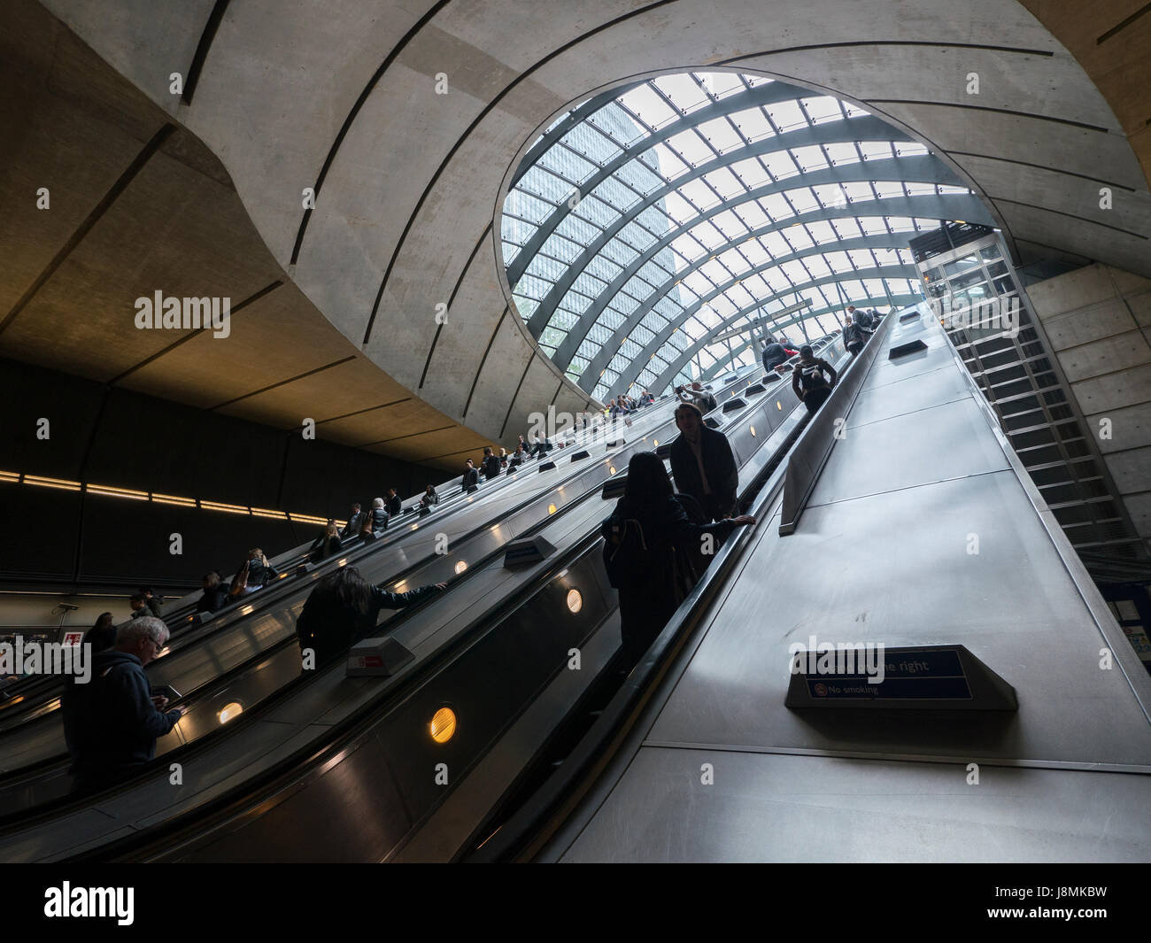 Canary Wharf station in the London Underground transit station. The station serves The Docklands financial district. Stock Photo