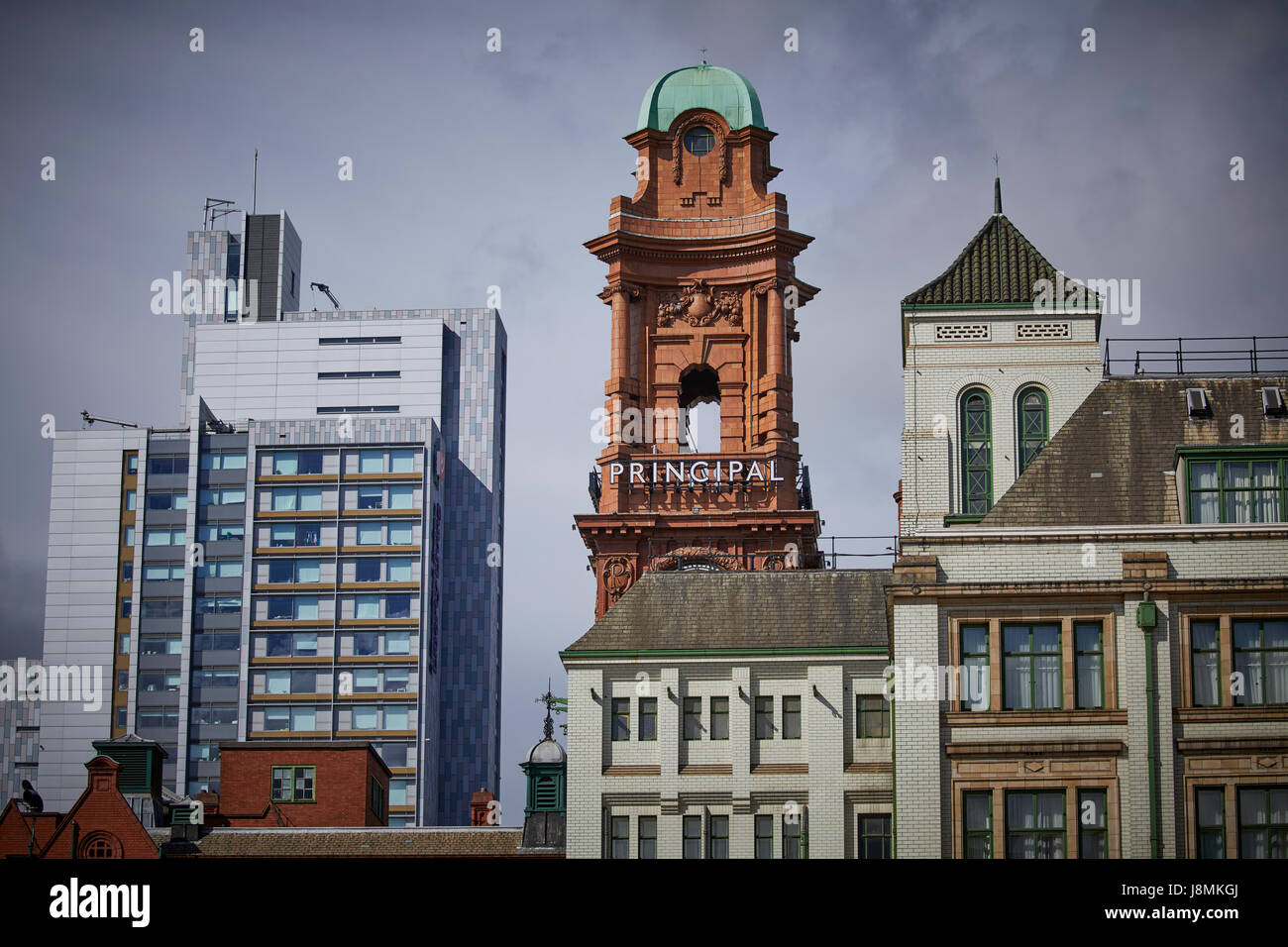 Principle Hotel brick clock tower formerly Palace Hotel and originally Refuge Assurance Building or Refuge Building. Grade II* listed red brick Stock Photo