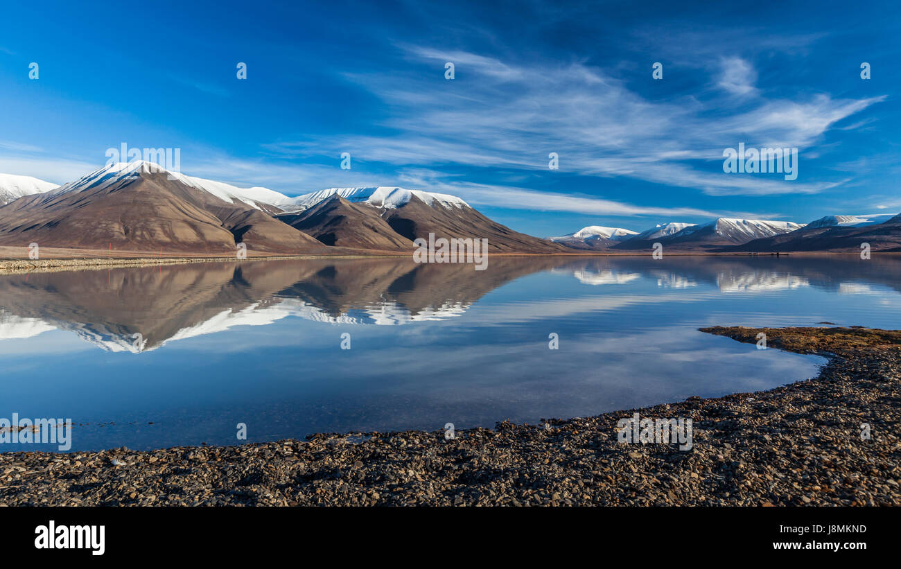 Landscape of longyearbyen lake svalbard in summer with beautiful cloud