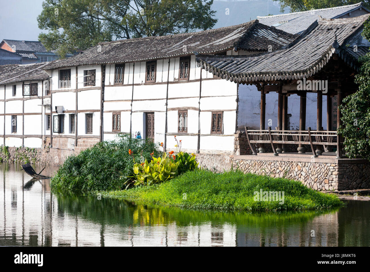Cangpo, Zhejiang, China.  Village Houses, Meeting Place on Right. Stock Photo