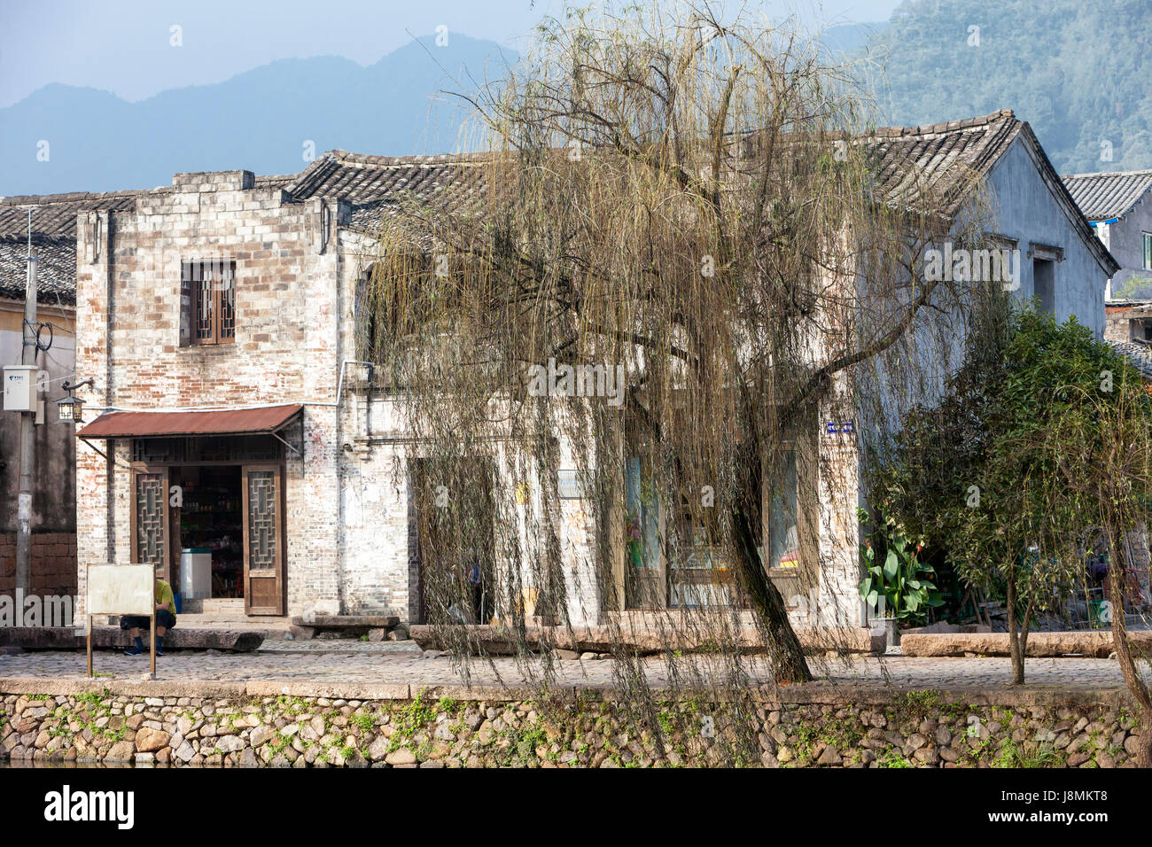 Cangpo, Zhejiang, China.  Village Shop, House, and Tree. Stock Photo