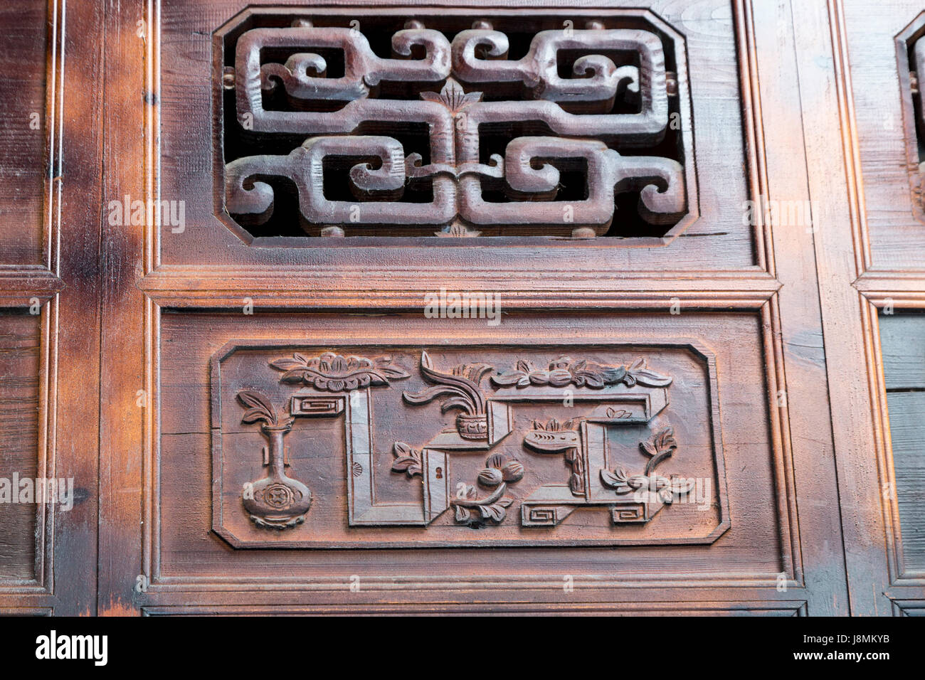 Wenzhou, Zhejiang, China.  Decorative Wood Carving, Wenzhou Martial Arts Museum. Stock Photo