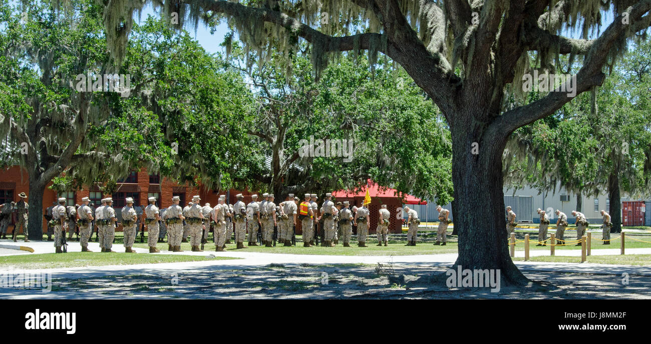 Marine recruits training at the United States Marine Corps Recruit Depot on Parris Island, South Carolina. Stock Photo