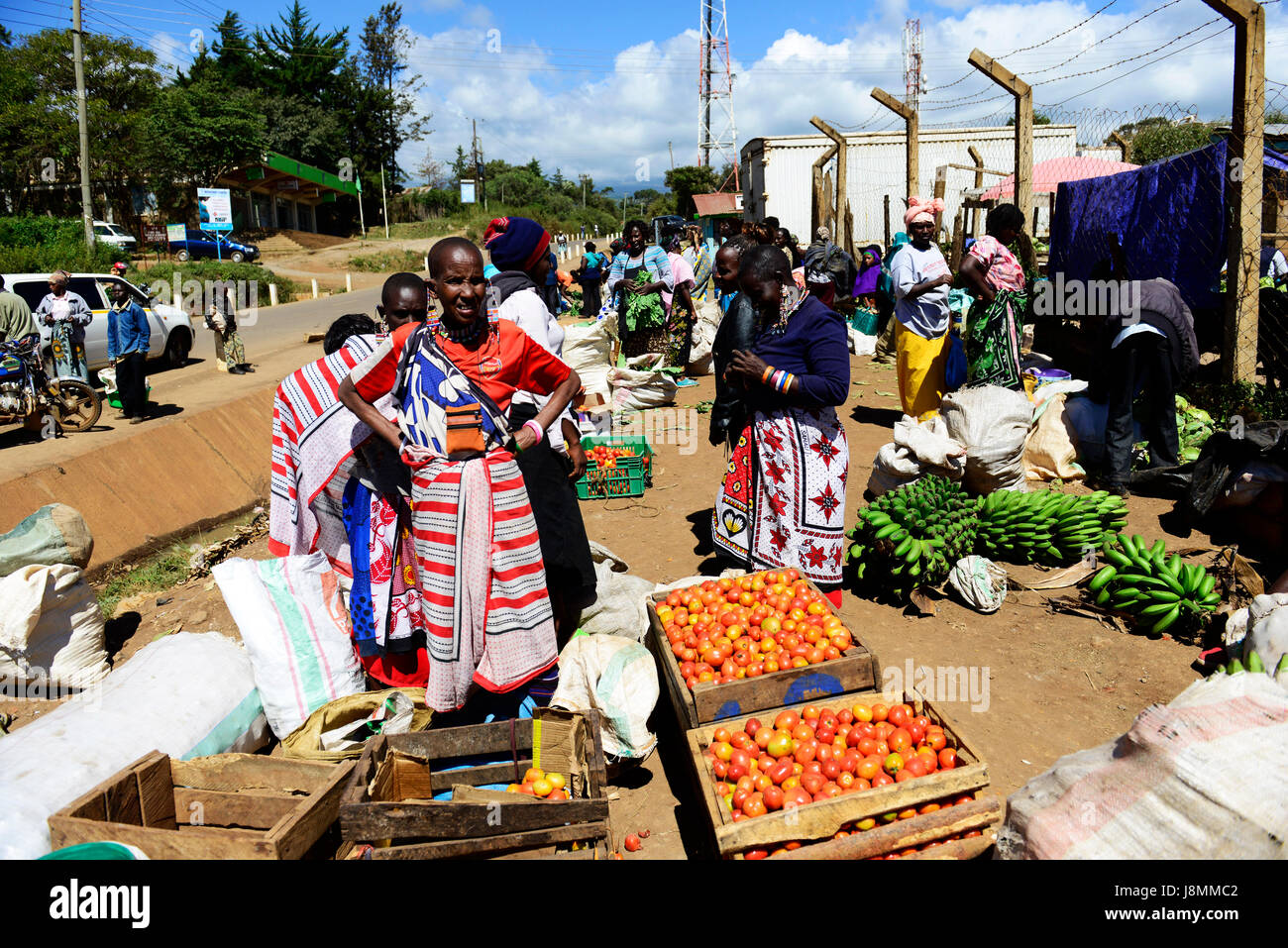 The colorful fruit & vegetable  market in the border town of Loitokitok in Kenya. Stock Photo