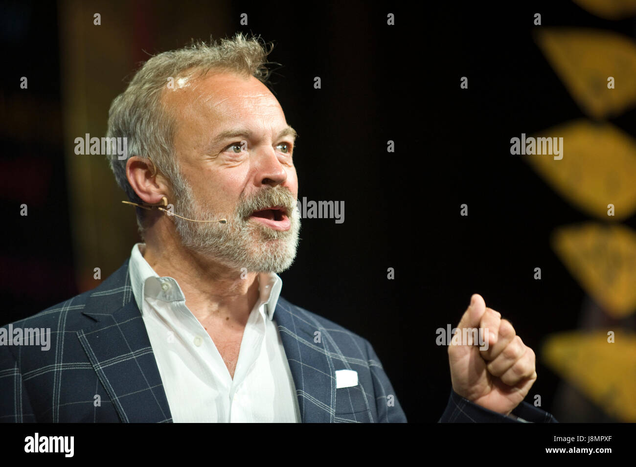 Graham Norton novelist author and entertainer speaking on stage at Hay Festival 2017 Hay-on-Wye Powys Wales UK Stock Photo