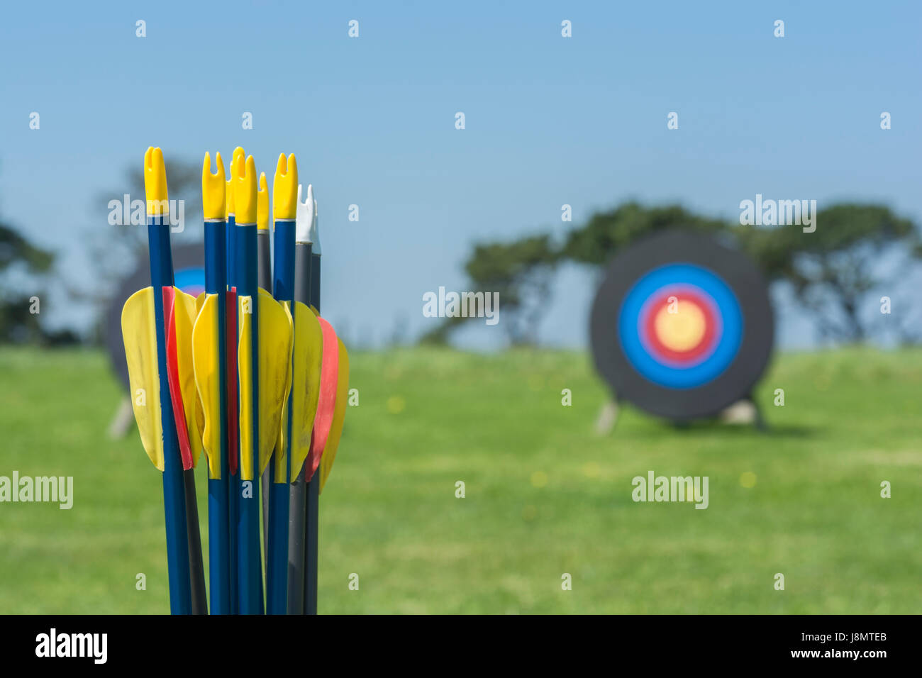 Clutch of arrows with their flights in a stand on archery range, with ...