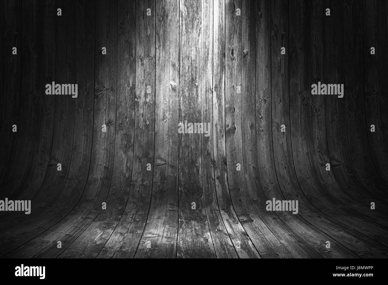 Old grungy dark grey curved wooden background with shining of spotlight lamp on top. 3d rendering illustration Stock Photo