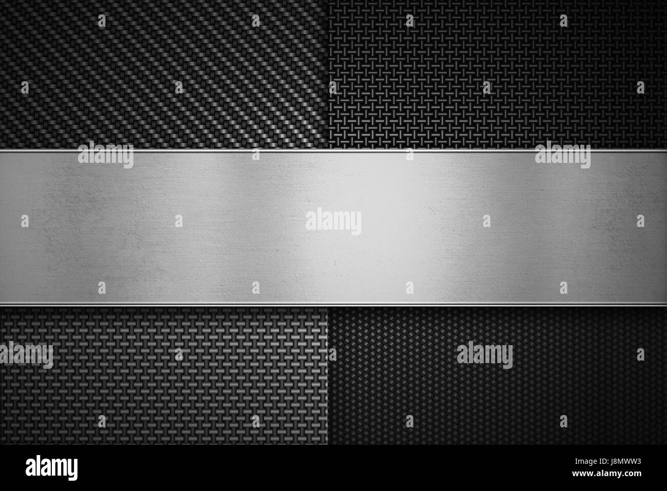 Four types of modern carbon fiber with polish metal plate on center texture material design for background, wallpaper, graphic design Stock Photo