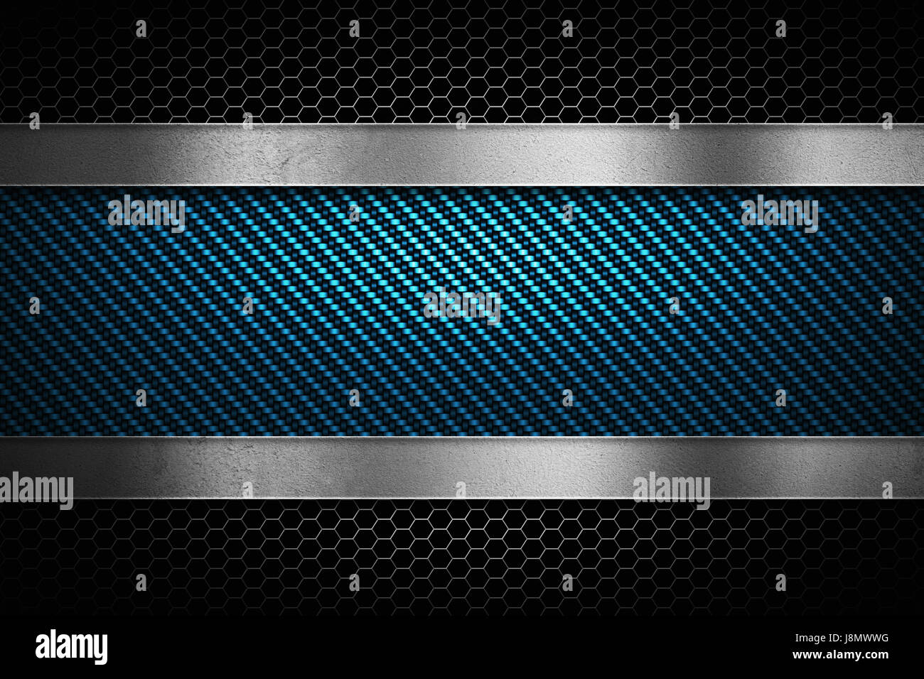 Abstract modern blue carbon fiber with grey perforated metal and polish metal plate textured material design for background, wallpaper, graphic design Stock Photo