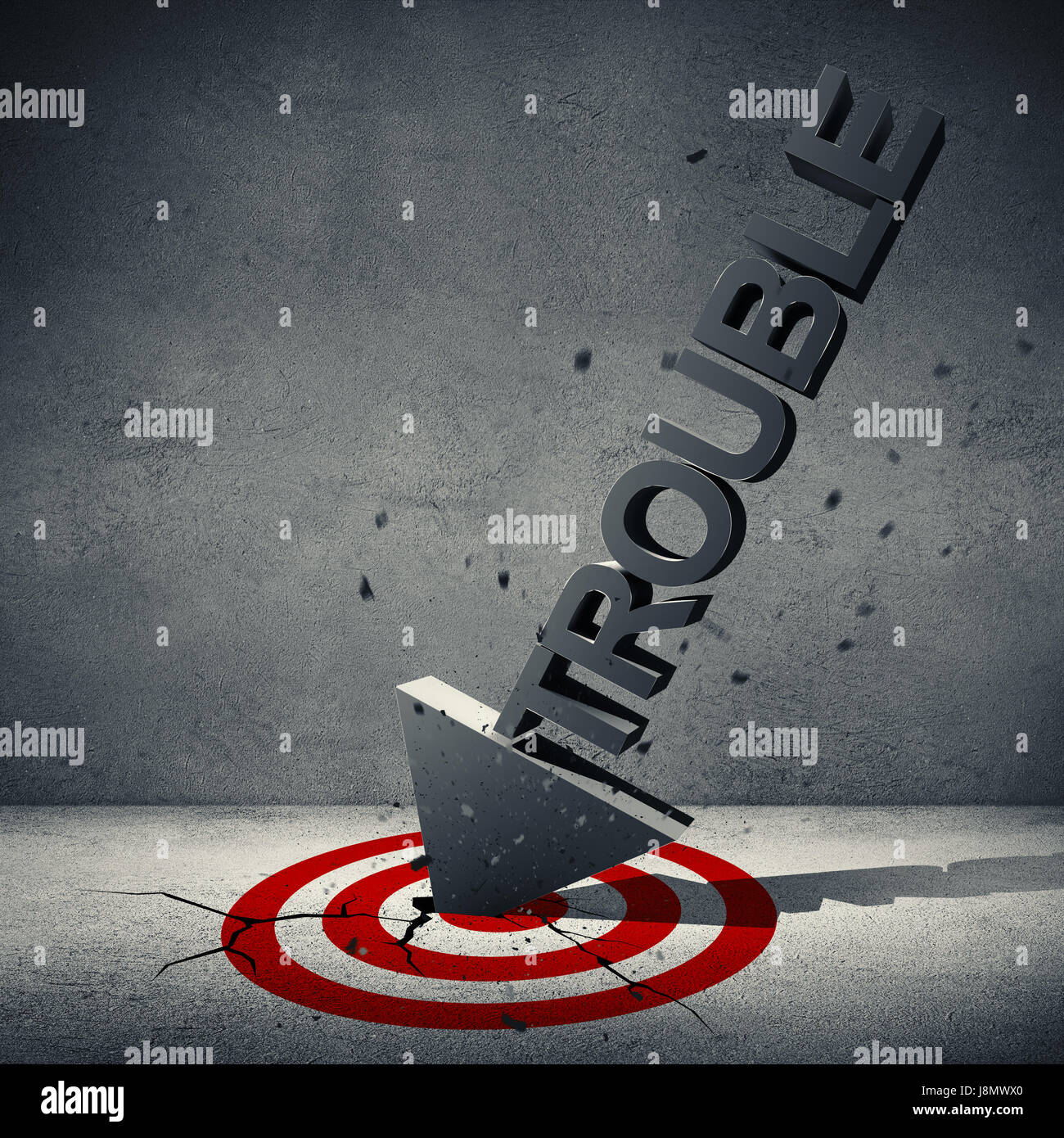 3d illustration of volumetric trouble word letters with arrow tip crashed in the red target on the floor of old concrete interior. Goals achievment Stock Photo