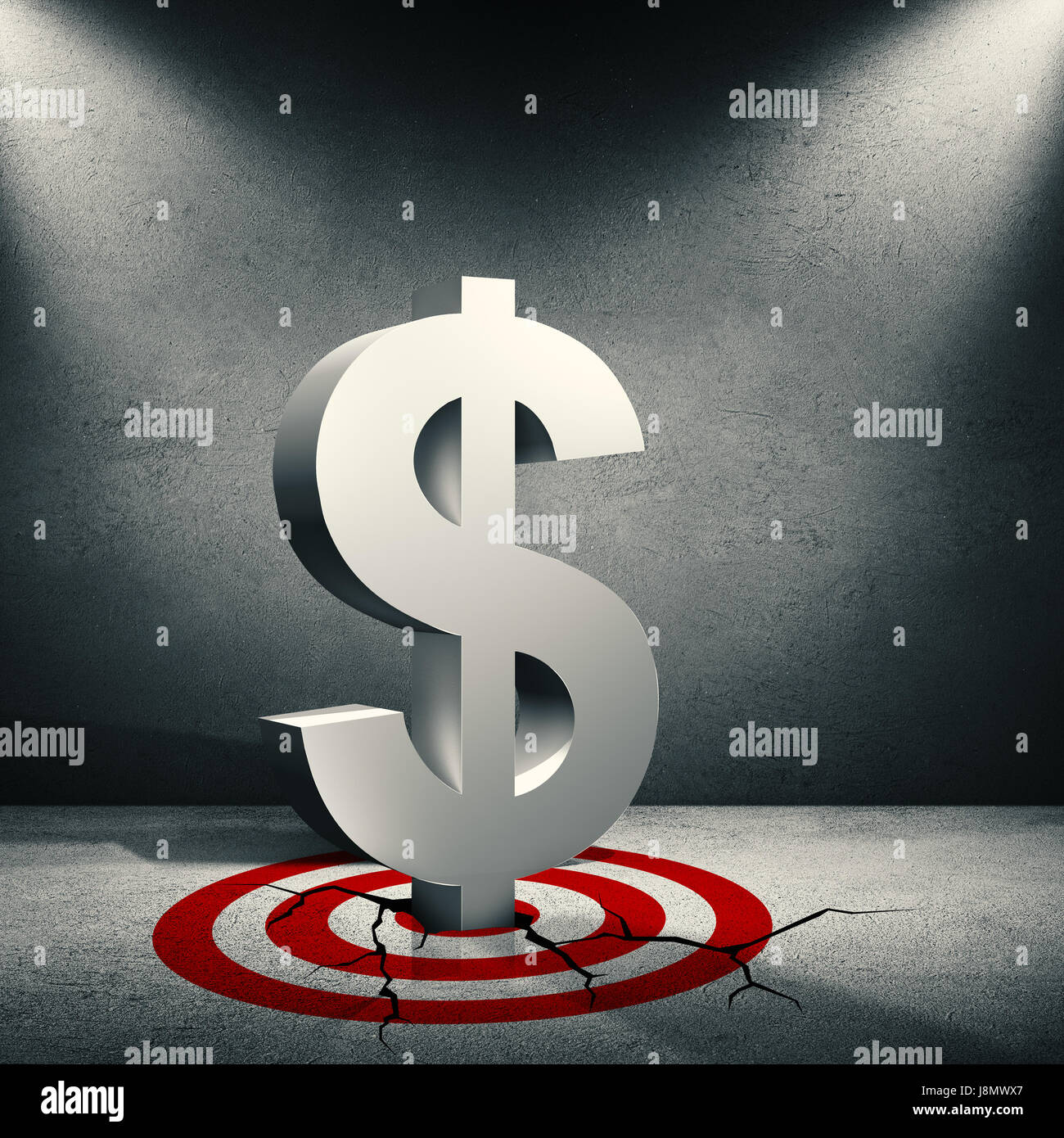 3d illustration of volumetric USA dollar sign crashed in the red target on the floor of old concrete interior. Floor with cracks. 3d rendering Stock Photo