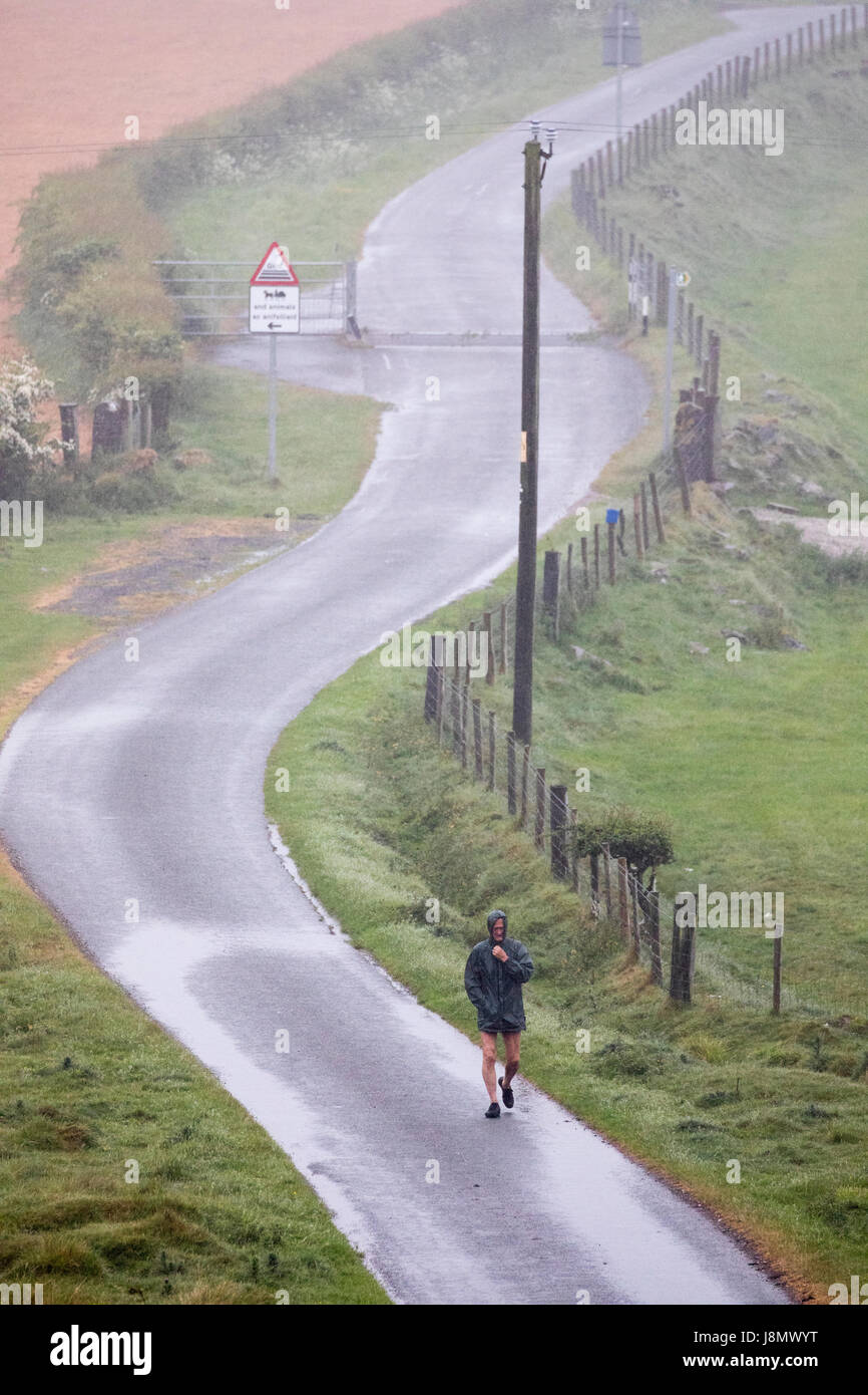A person walking along a meandering lane braving the foggy rainy