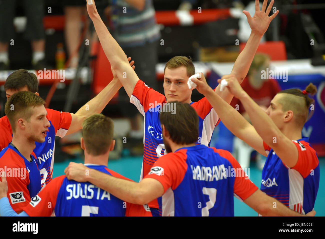 Czech team celebrate victory in the volleyball World Cup Qualification match Czech Republic vs Cyprus in Karlovy Vary, Czech Republic, May 27, 2017. (CTK Photo/Slavomir Kubes) Stock Photo
