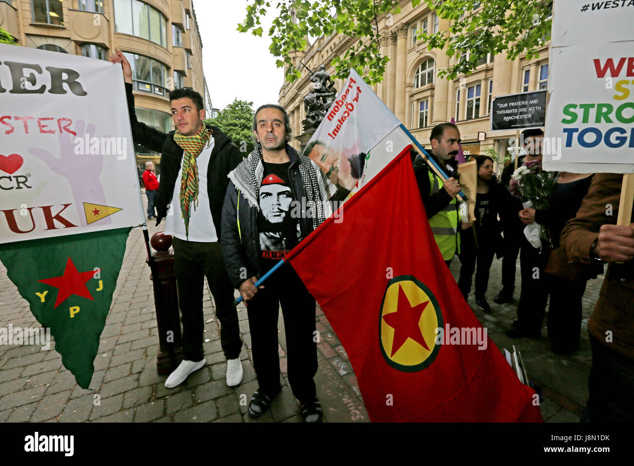 Manchester, UK. 29th May, 2017. Kurdish supporters of the YPJ, the armed forces of the Syrian region of Kurdistan, show support for victims of terror in St Anns Square, Manchester, 29th May, 2017 Credit: Barbara Cook/Alamy Live News Stock Photo