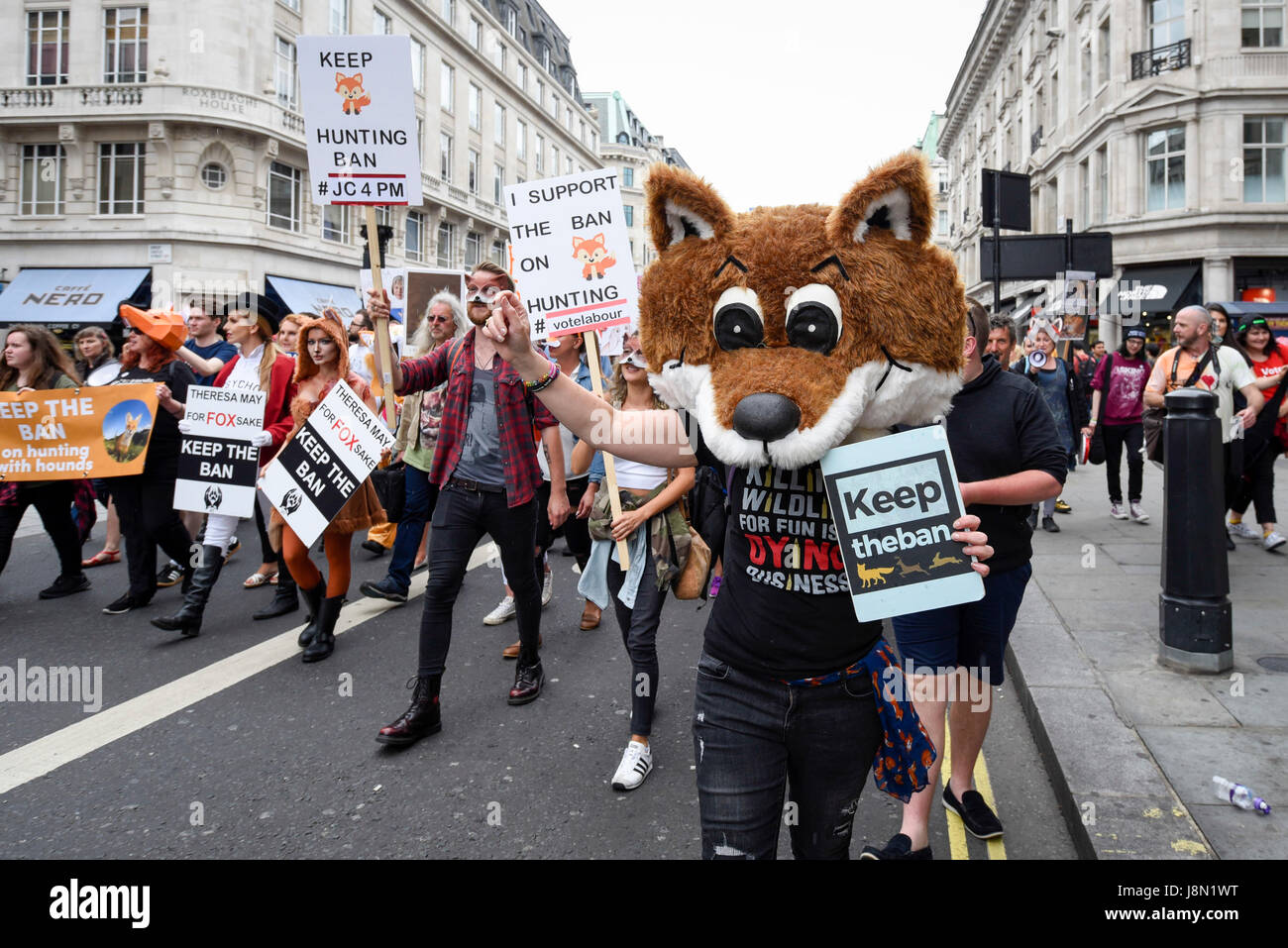 London, UK. 29th May, 2017. Demonstrators stage an 'Anti-Hunting March' in central London, marching from Cavendish Square to outside Downing Street. Protesters are demanding that the ban on fox hunting remains, contrary to reported comments by Theresa May, Prime Minister, that the 2004 Hunting Act could be repealed after the General Election. Credit: Stephen Chung/Alamy Live News Stock Photo