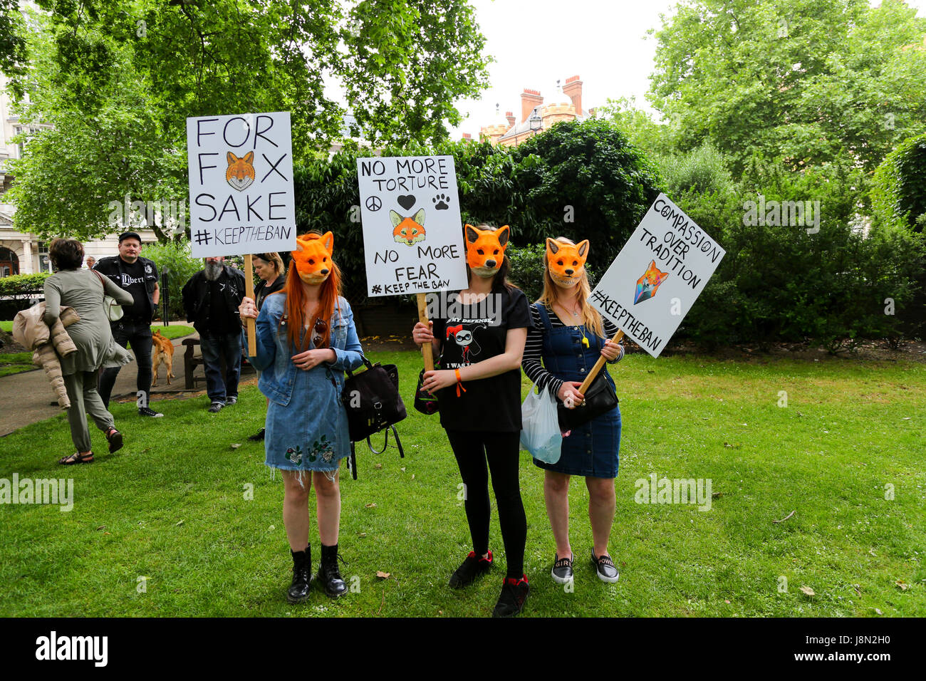 London, UK. 29th May, 2017. Anti-hunting groups march through London demanding that the 2004 Hunting Act remains. Theresa May has said "Personally, I've always been in favour of fox hunting” despite 84% of the British public supporting the ban. The march starts at Cavendish Square in London and ends at Downing Street. Penelope Barritt/Alamy Live News Stock Photo