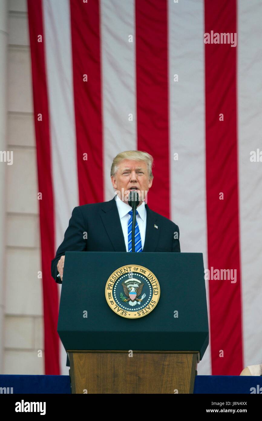 Arlington, USA. 29th May, 2017. U.S. President Donald Trump delivers his address during the annual Memorial Day Observance at the Memorial Amphitheater in Arlington National Cemetery May 29, 2017 in Arlington, Virginia. Credit: Planetpix/Alamy Live News Stock Photo