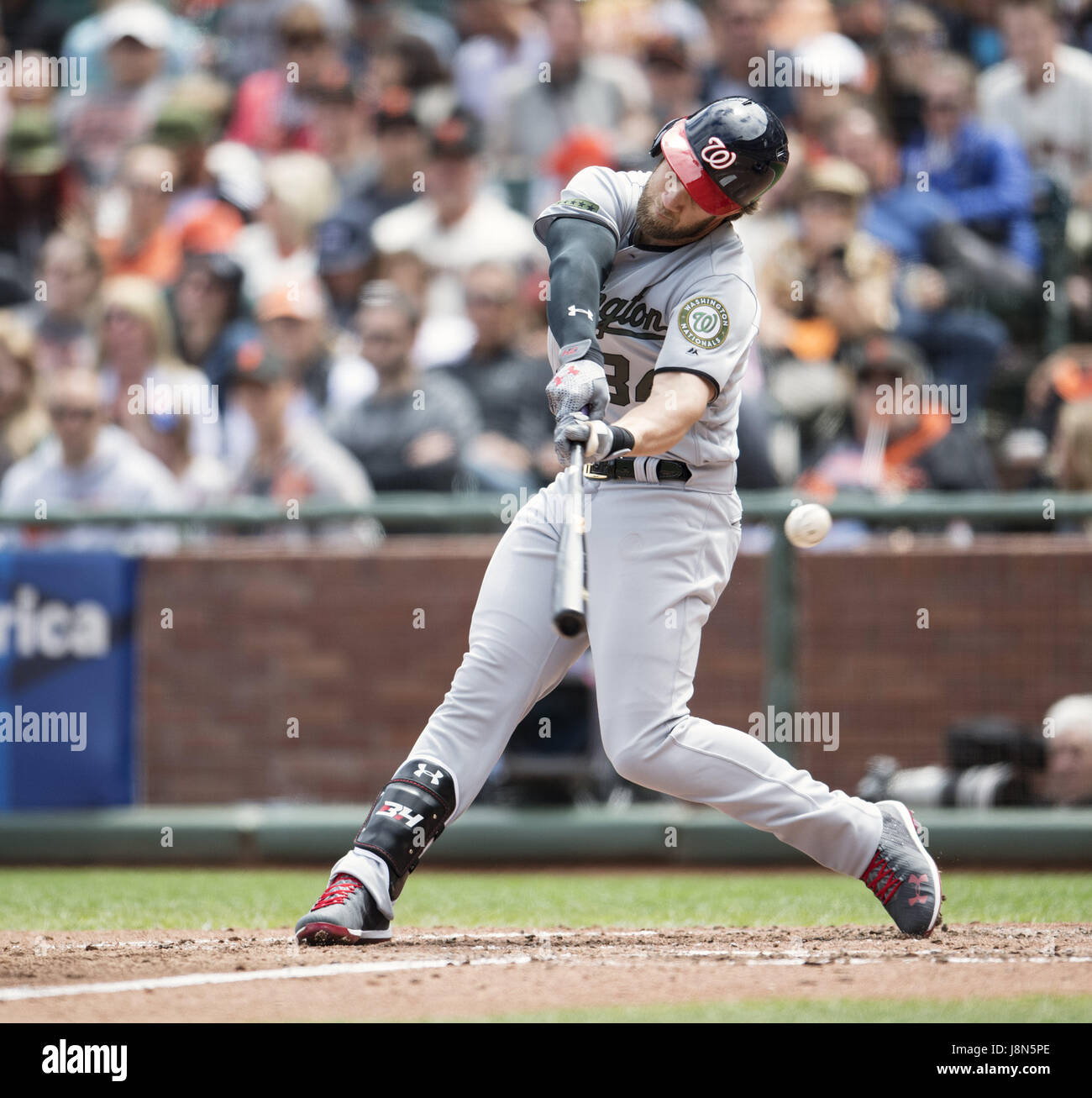 May 29, 2017: Washington Nationals right fielder Bryce Harper (34) hitting a foul ball, during a MLB baseball game between the Washington Nationals and the San Francisco Giants on Memorial Day at AT&T Park in San Francisco, California. Harper was later thrown out of the game for fighting with relief pitcher Hunter Strickland (60). Valerie Shoaps/CSM Stock Photo