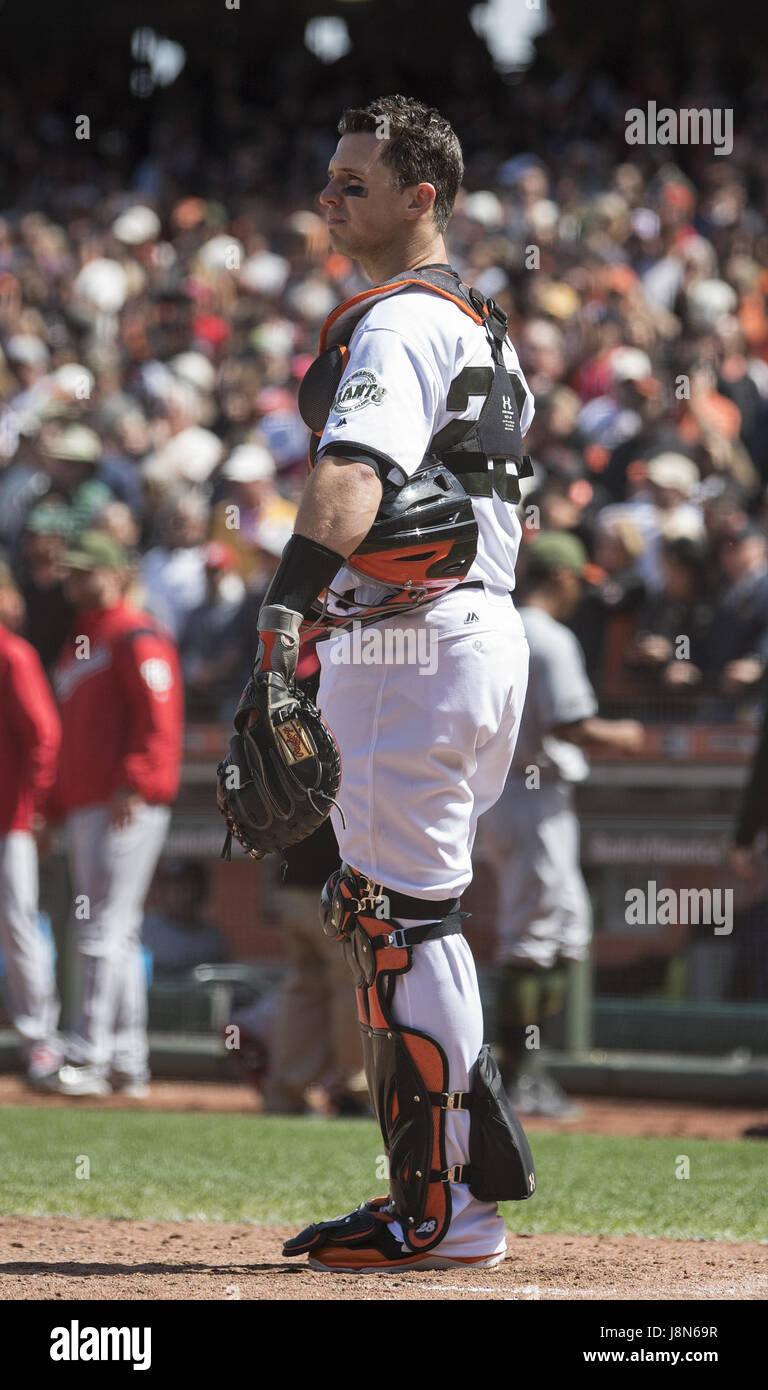 San Francisco, California, USA. 29th May, 2017. San Francisco Giants catcher Buster Posey (28) after the ensuing fight on the field during the eighth inning of a MLB baseball game between the Washington Nationals and the San Francisco Giants on Memorial Day at AT&T Park in San Francisco, California. Valerie Shoaps/CSM/Alamy Live News Stock Photo