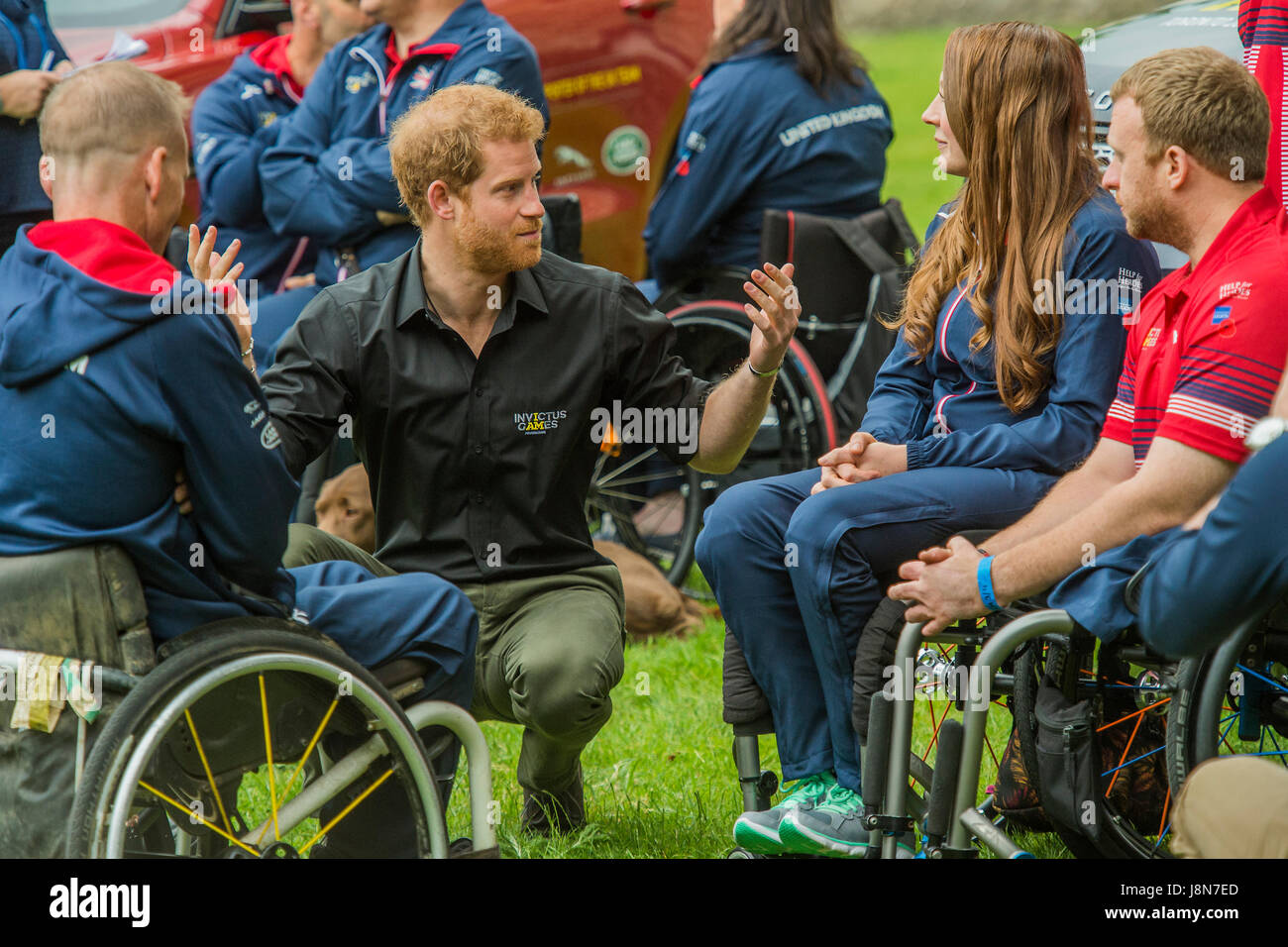 London, UK. 30th May, 2017. Prince Harry talks to wheelchair bound team members as he attends the launch of UK team for the Invictus Games Toronto at Tower of London. The Invictus Games was set up for injured soldiers. London 30 May 2017 Credit: Guy Bell/Alamy Live News Stock Photo